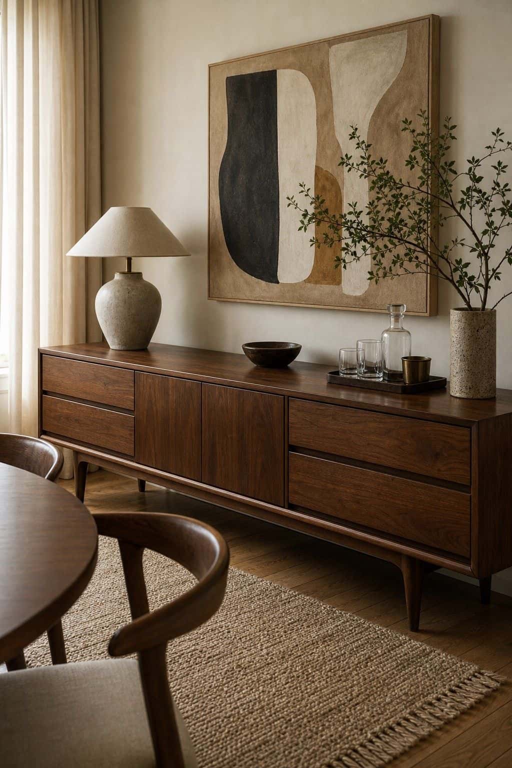 Low Sideboard shown as a realistic Pretty Wild World image for 18 Mid-Century Modern Dining Room Ideas for Warm Stylish Hosting.