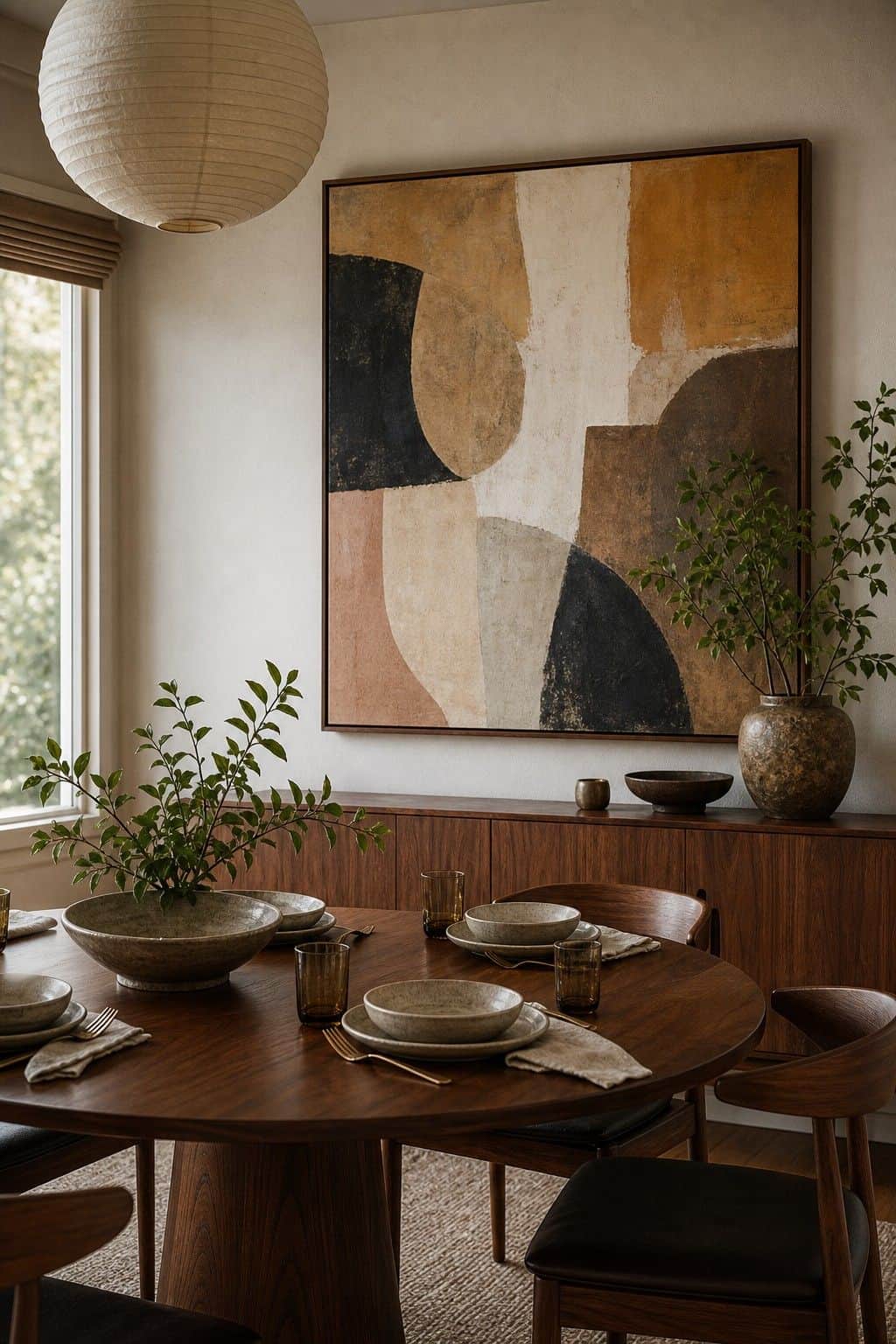 Abstract Dining Art shown as a realistic Pretty Wild World image for 18 Mid-Century Modern Dining Room Ideas for Warm Stylish Hosting.