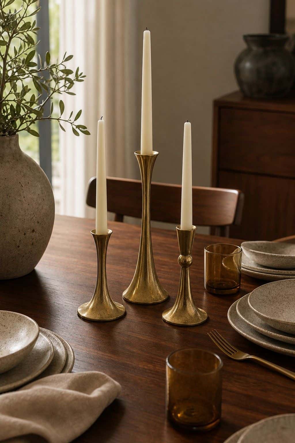 Brass Candle Holders shown as a realistic Pretty Wild World image for 18 Mid-Century Modern Dining Room Ideas for Warm Stylish Hosting.