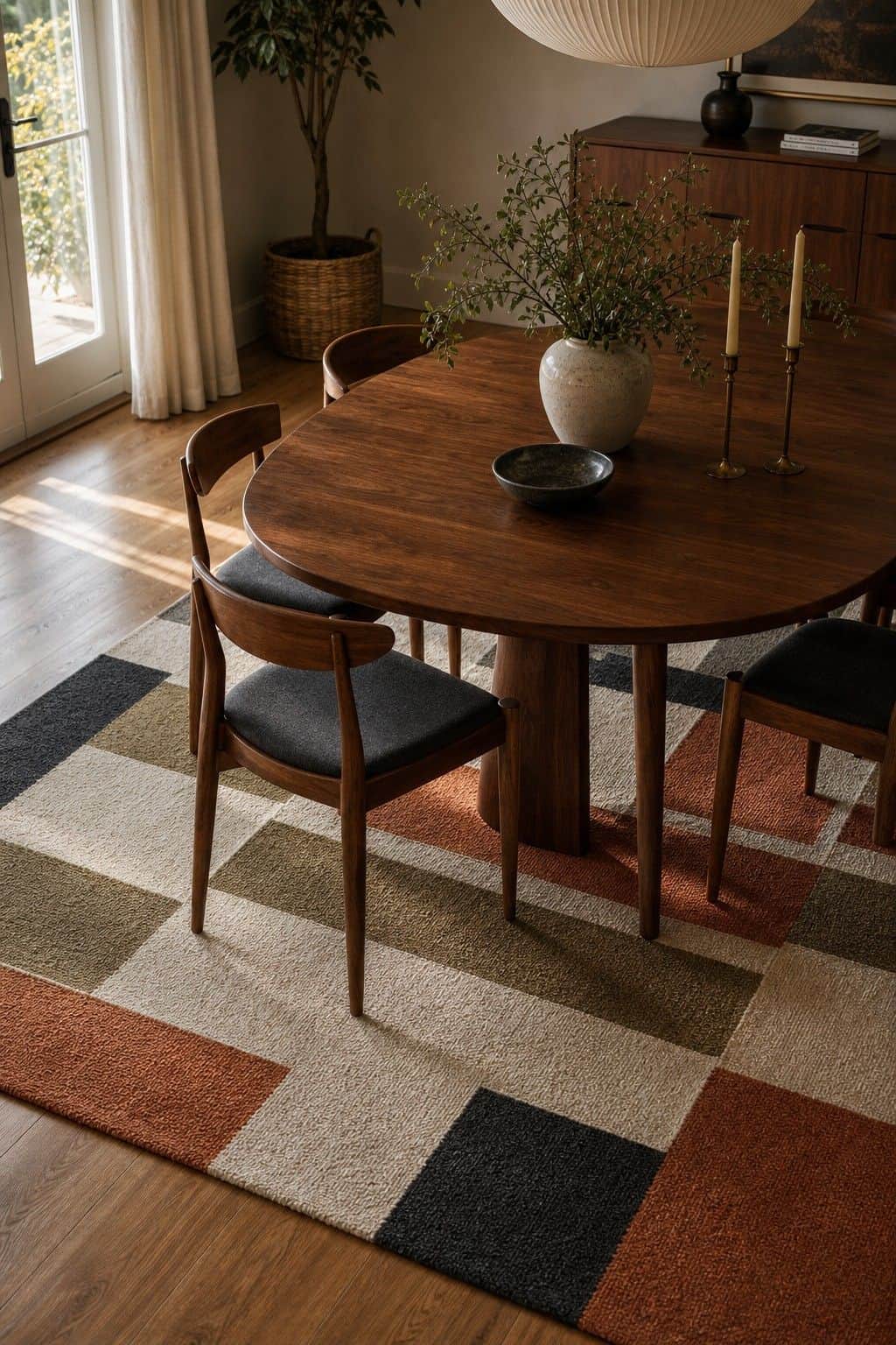 Geometric Rug Underfoot shown as a realistic Pretty Wild World image for 18 Mid-Century Modern Dining Room Ideas for Warm Stylish Hosting.