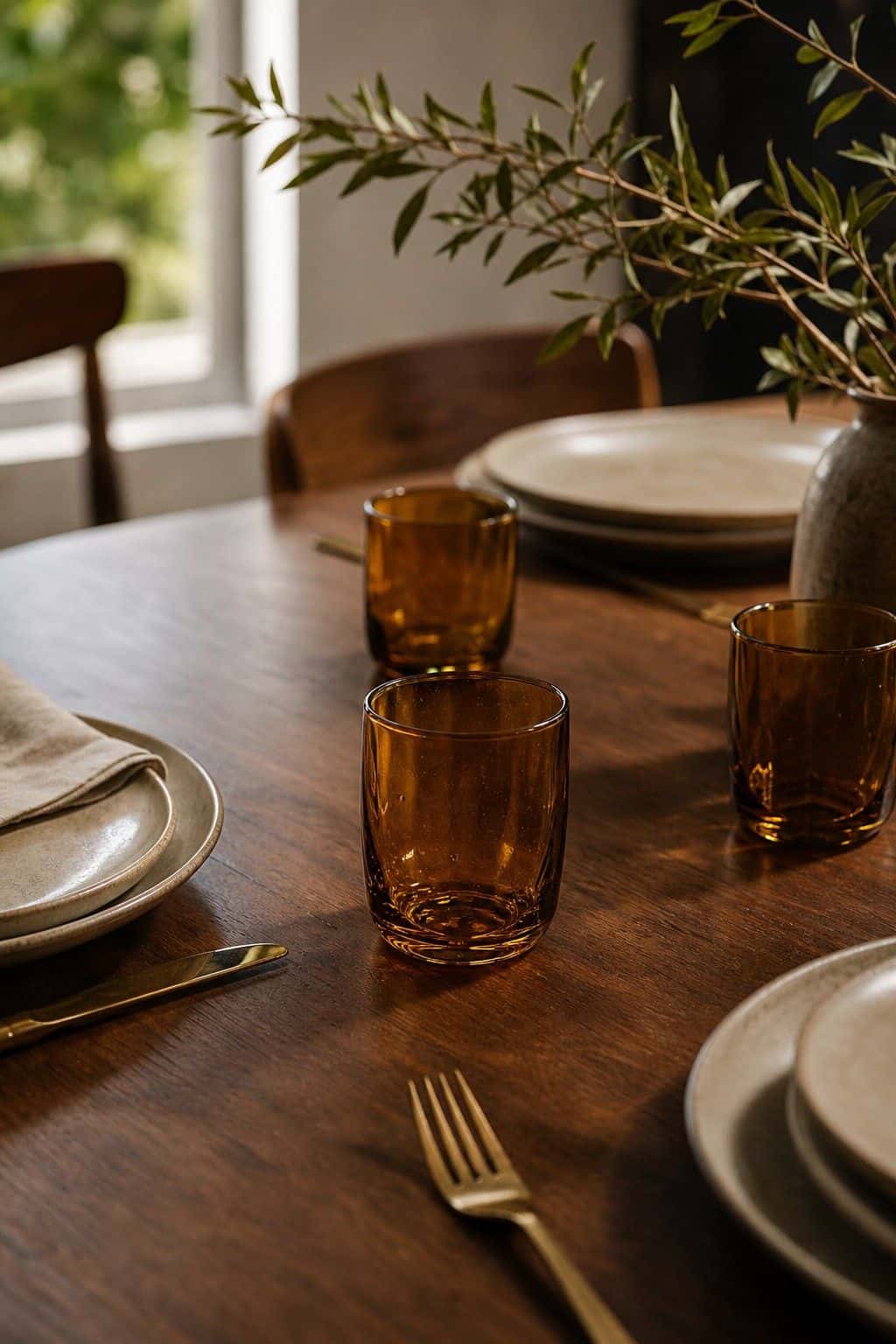 Amber Glassware shown as a realistic Pretty Wild World image for 18 Mid-Century Modern Dining Room Ideas for Warm Stylish Hosting.