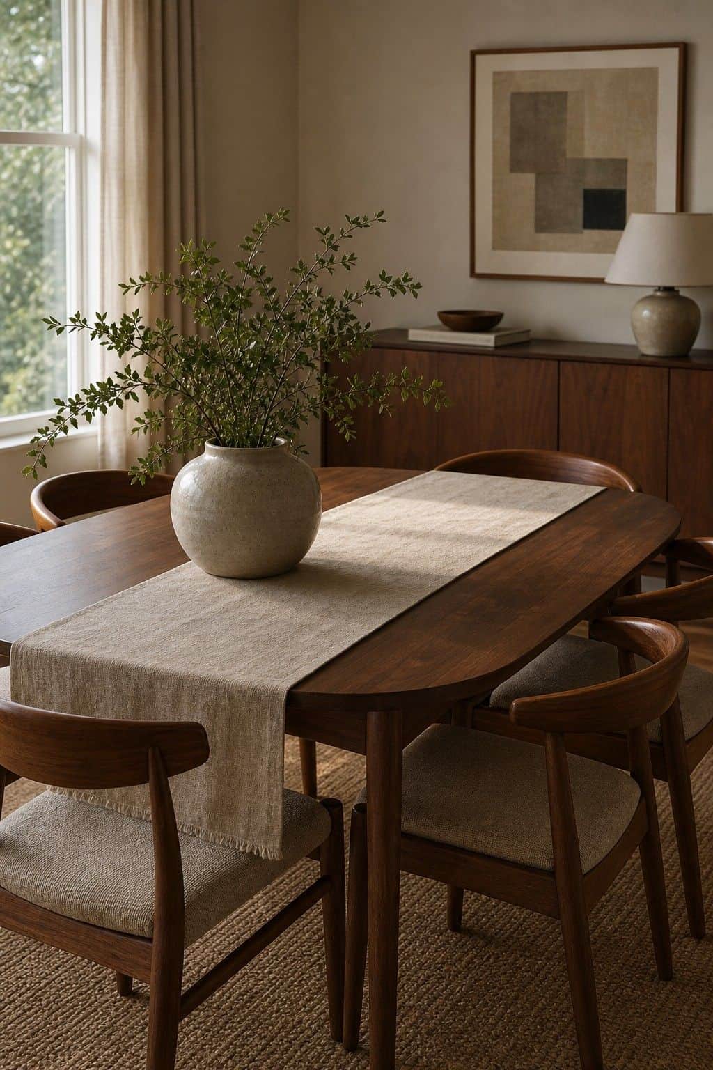Simple Table Runner shown as a realistic Pretty Wild World image for 18 Mid-Century Modern Dining Room Ideas for Warm Stylish Hosting.