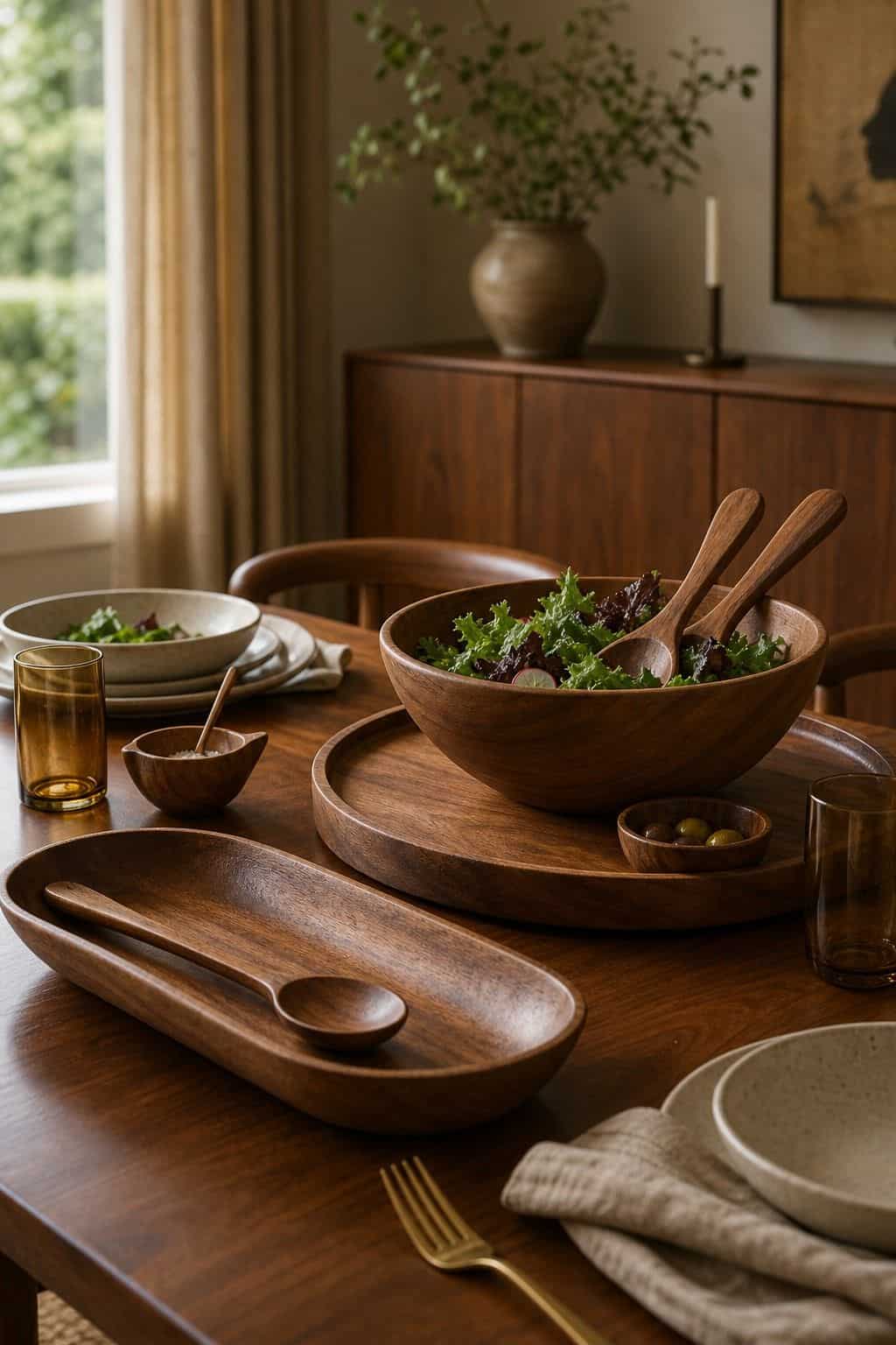 Warm Wood Serving Pieces shown as a realistic Pretty Wild World image for 18 Mid-Century Modern Dining Room Ideas for Warm Stylish Hosting.