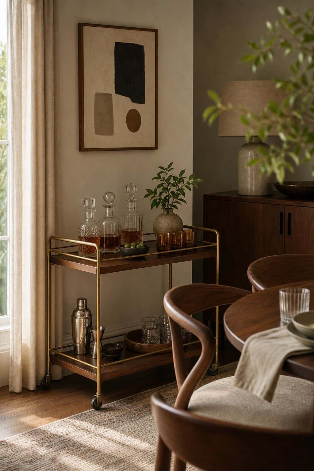 Bar Cart Corner shown as a realistic Pretty Wild World image for 18 Mid-Century Modern Dining Room Ideas for Warm Stylish Hosting.