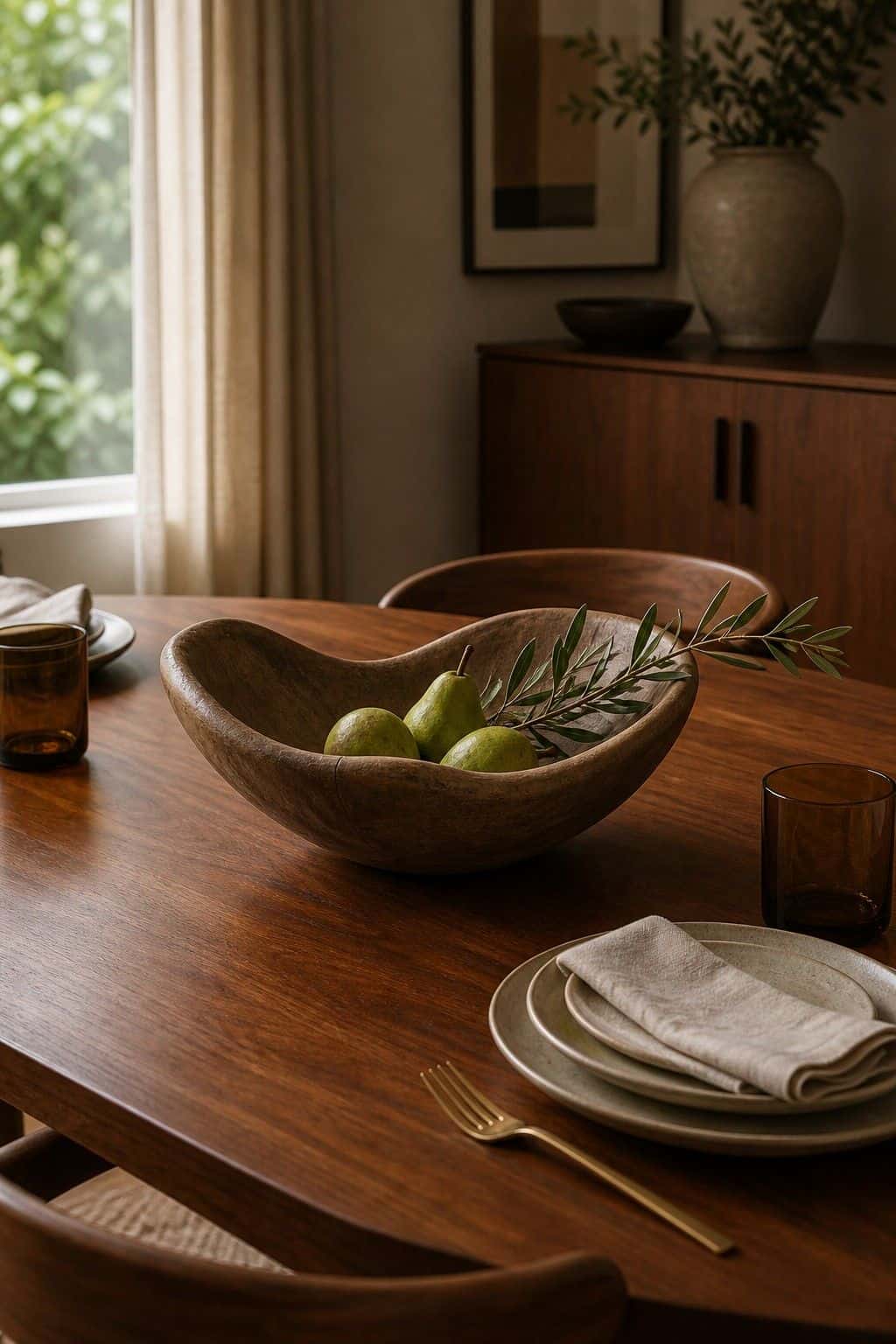 Statement Bowl Centerpiece shown as a realistic Pretty Wild World image for 18 Mid-Century Modern Dining Room Ideas for Warm Stylish Hosting.