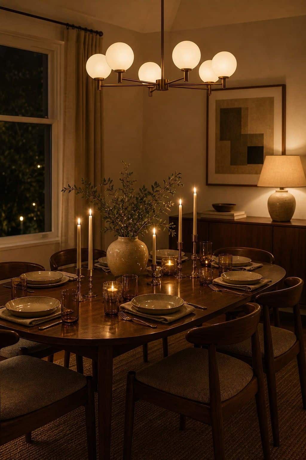 Dinner Party Lighting shown as a realistic Pretty Wild World image for 18 Mid-Century Modern Dining Room Ideas for Warm Stylish Hosting.