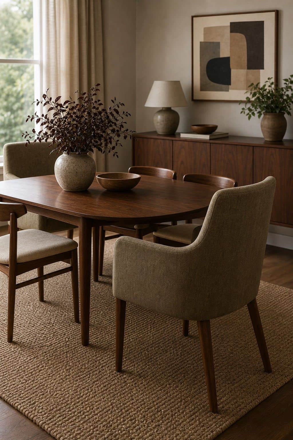 Upholstered Host Chairs shown as a realistic Pretty Wild World image for 18 Mid-Century Modern Dining Room Ideas for Warm Stylish Hosting.