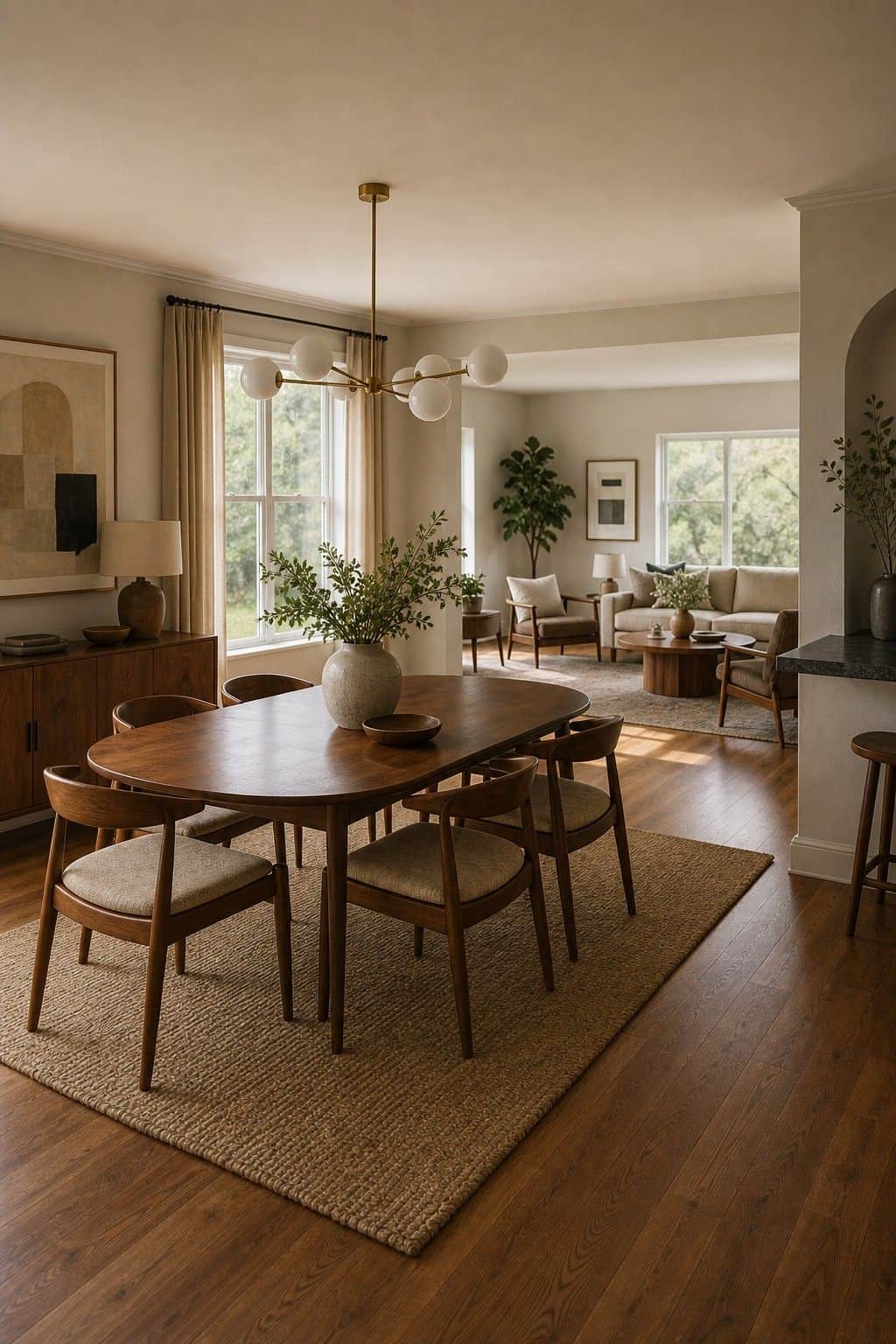 Open Flow Around the Table shown as a realistic Pretty Wild World image for 18 Mid-Century Modern Dining Room Ideas for Warm Stylish Hosting.