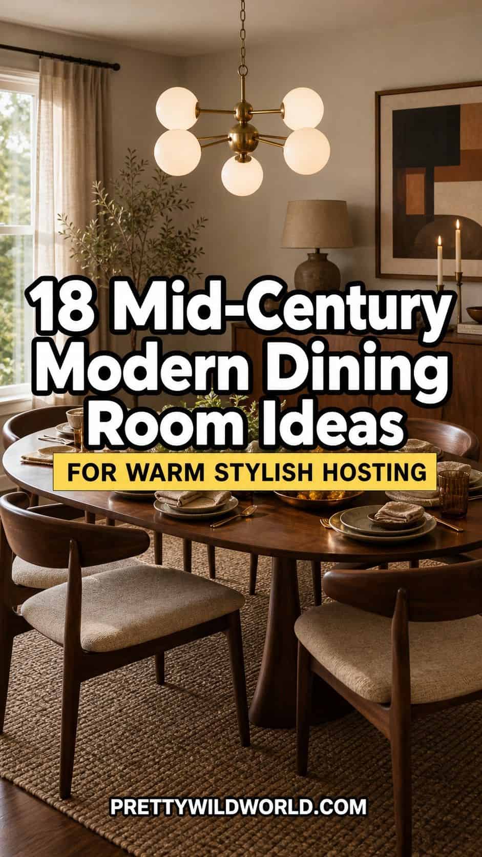Pinterest pin for 18 Mid-Century Modern Dining Room Ideas for Warm Stylish Hosting from Pretty Wild World.