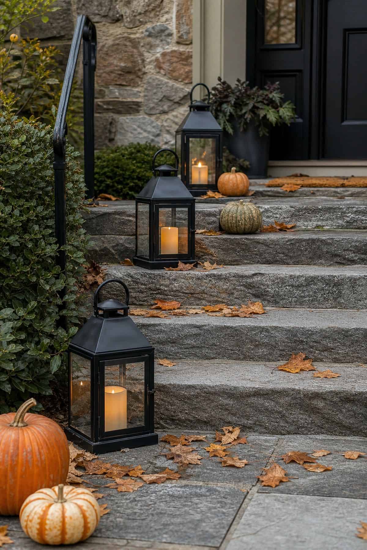 Lanterns Weighted at the Steps shown as a realistic Pretty Wild World image for 18 Outdoor Halloween Decor Ideas for a Spooky Weather-Ready Yard.