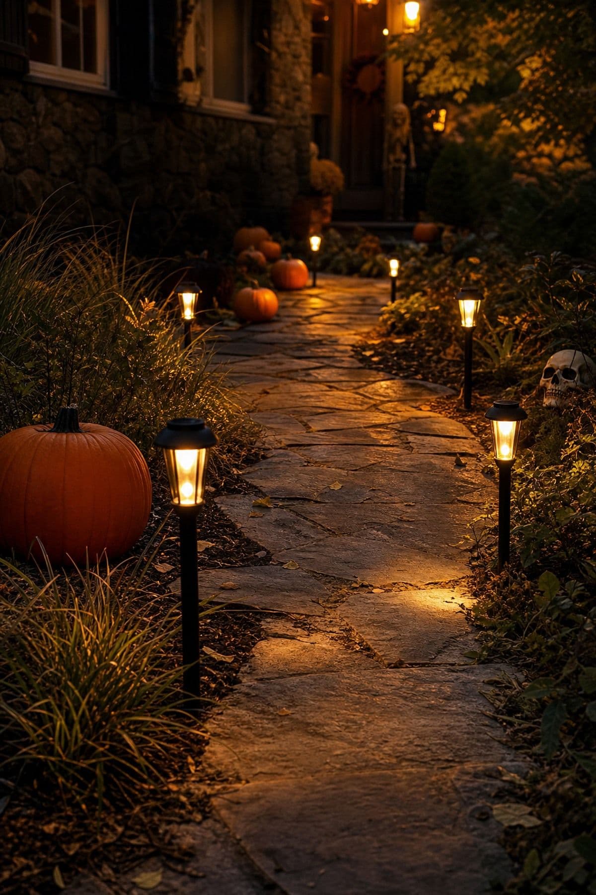Warm Pathway Lights shown as a realistic Pretty Wild World image for 18 Outdoor Halloween Decor Ideas for a Spooky Weather-Ready Yard.