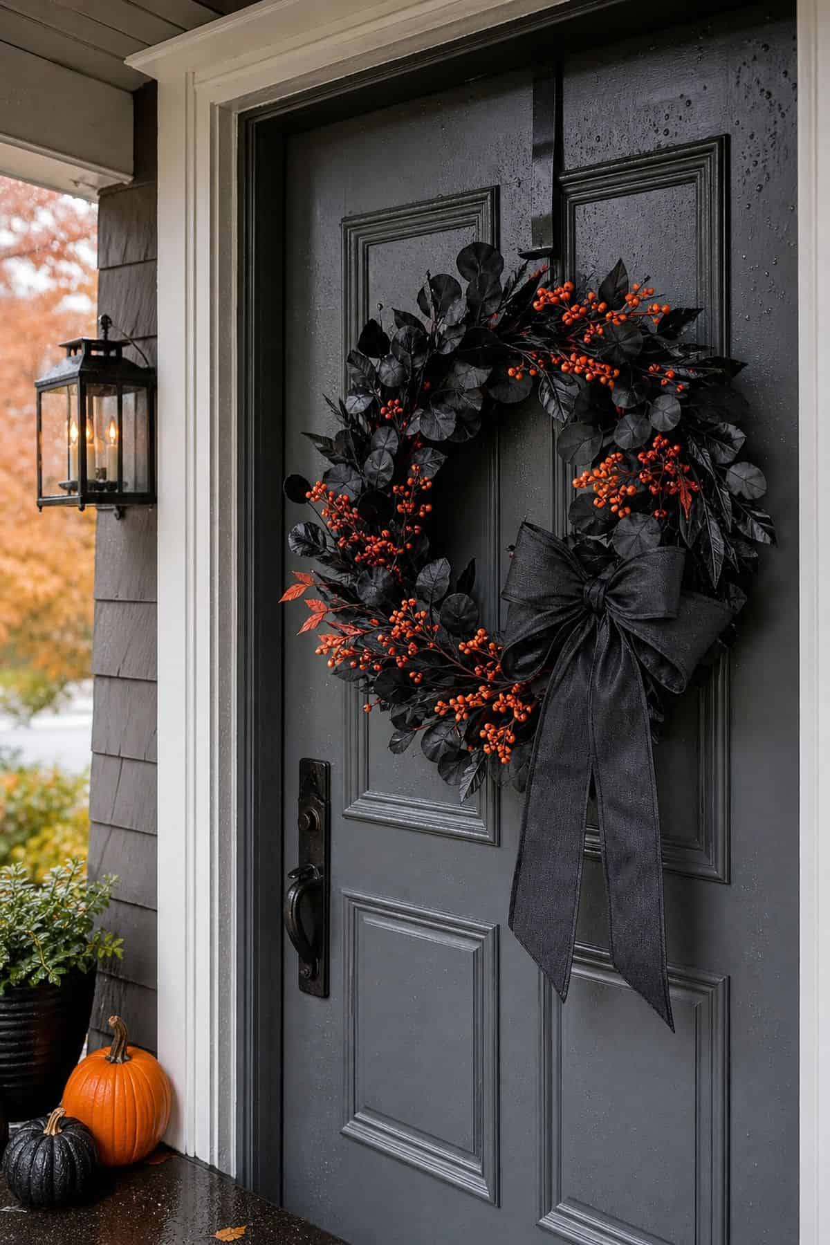 Weatherproof Door Wreath shown as a realistic Pretty Wild World image for 18 Outdoor Halloween Decor Ideas for a Spooky Weather-Ready Yard.