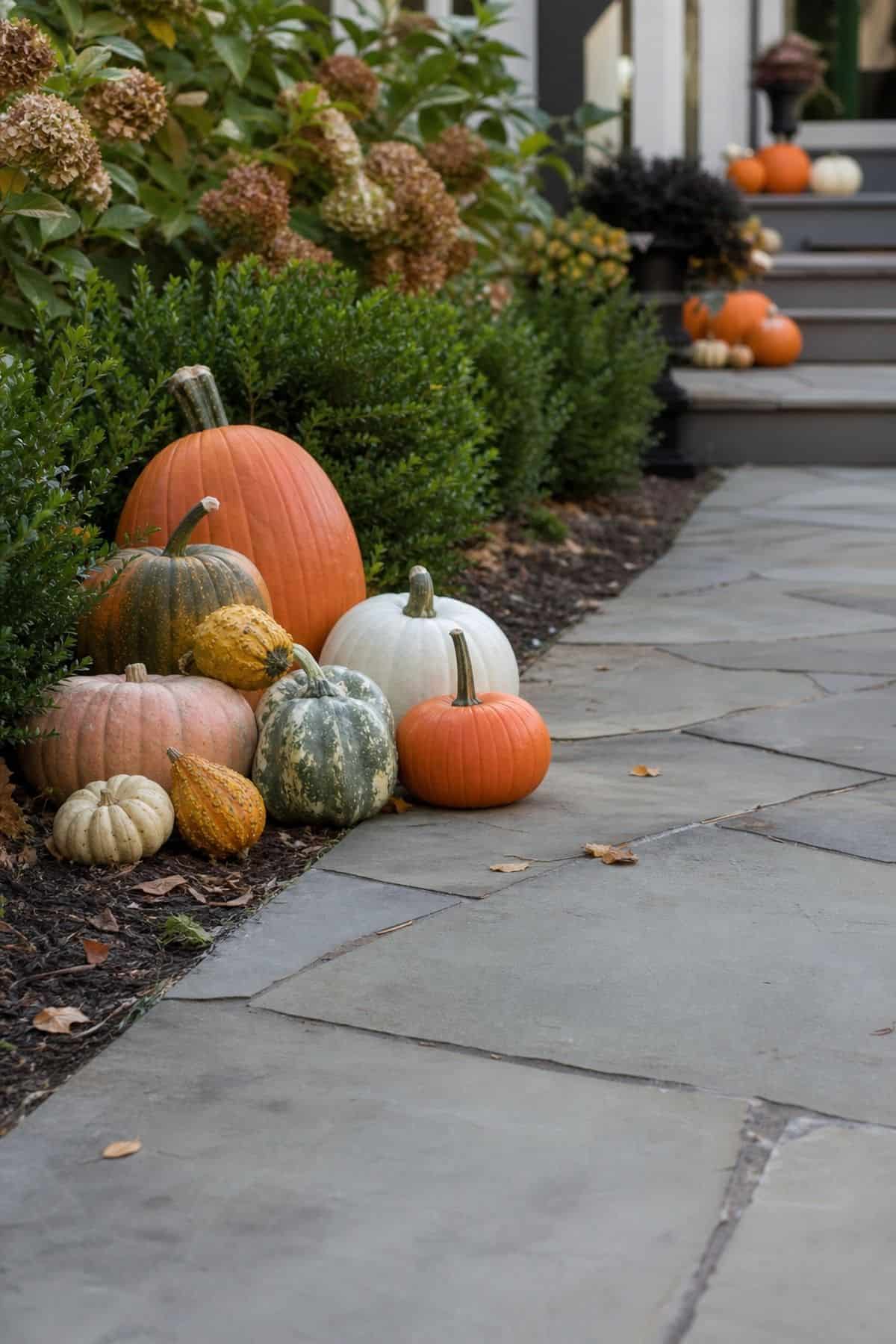 Pumpkin Group by the Walk shown as a realistic Pretty Wild World image for 18 Outdoor Halloween Decor Ideas for a Spooky Weather-Ready Yard.