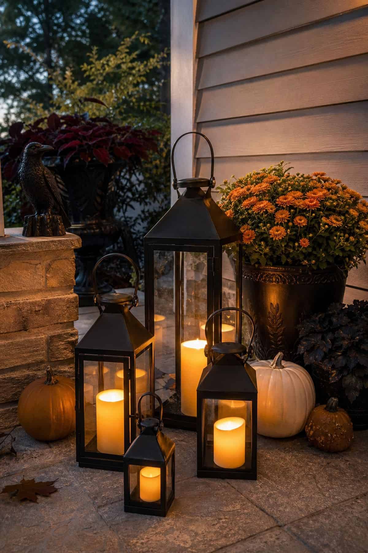 Outdoor Candle Lanterns shown as a realistic Pretty Wild World image for 18 Outdoor Halloween Decor Ideas for a Spooky Weather-Ready Yard.