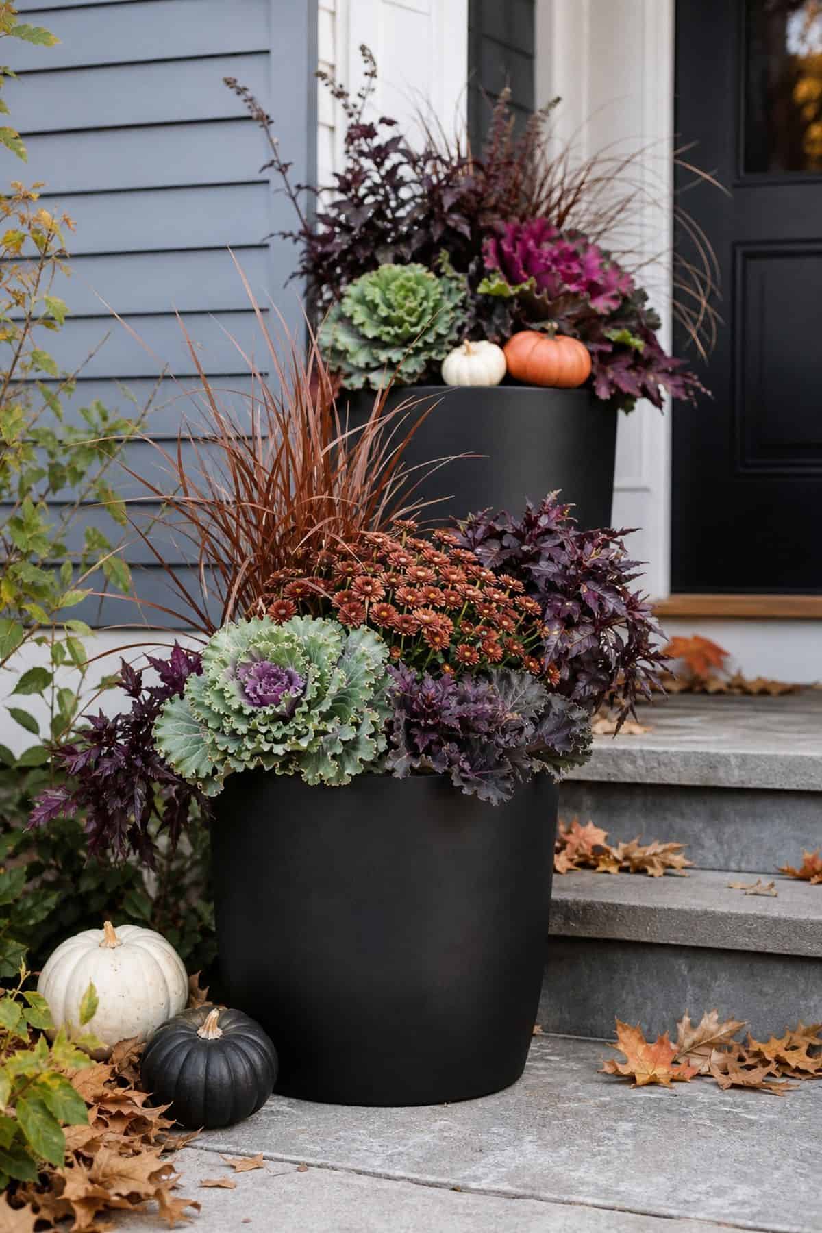 Black Planters With Fall Fillers shown as a realistic Pretty Wild World image for 18 Outdoor Halloween Decor Ideas for a Spooky Weather-Ready Yard.
