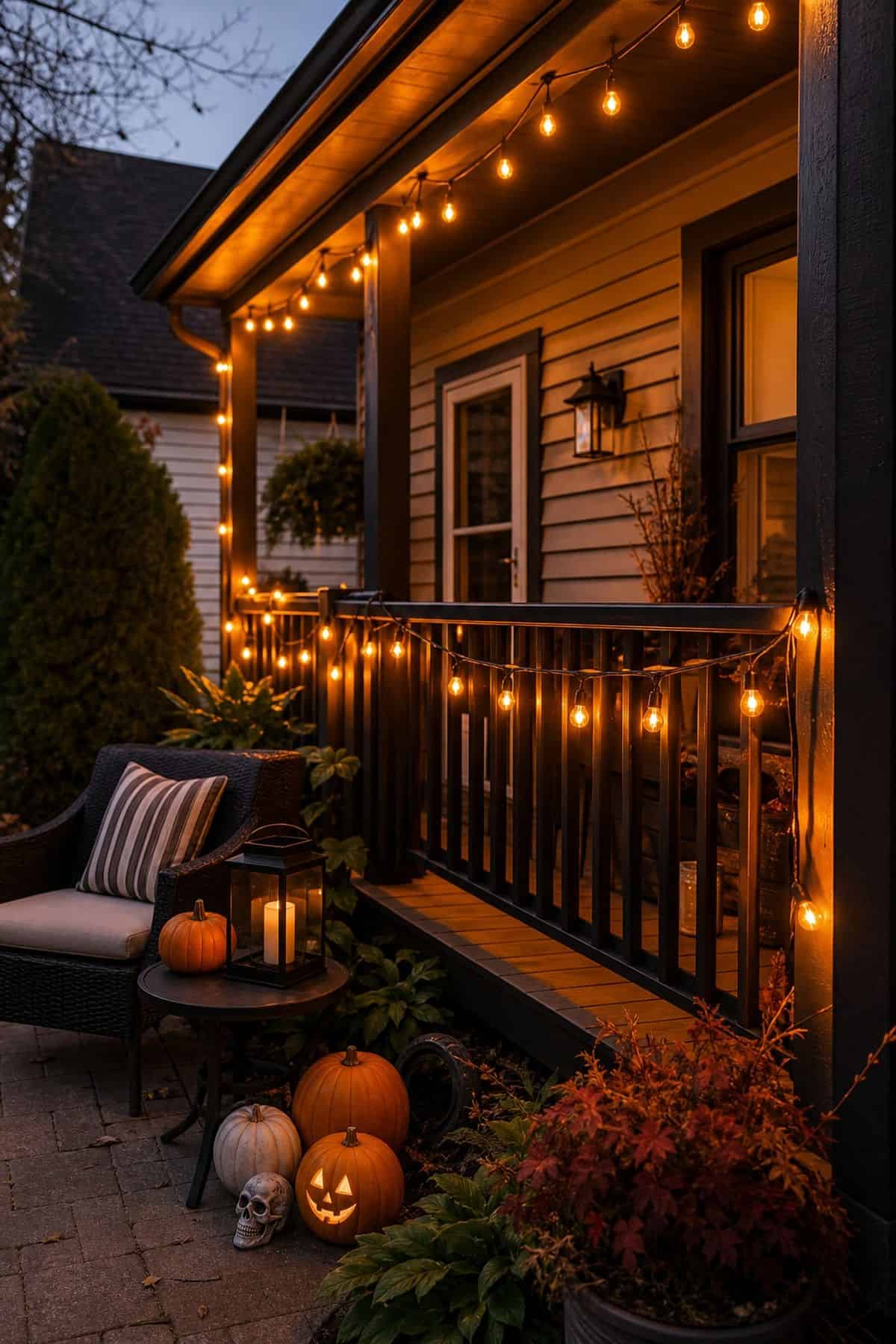Amber String Lights shown as a realistic Pretty Wild World image for 18 Outdoor Halloween Decor Ideas for a Spooky Weather-Ready Yard.