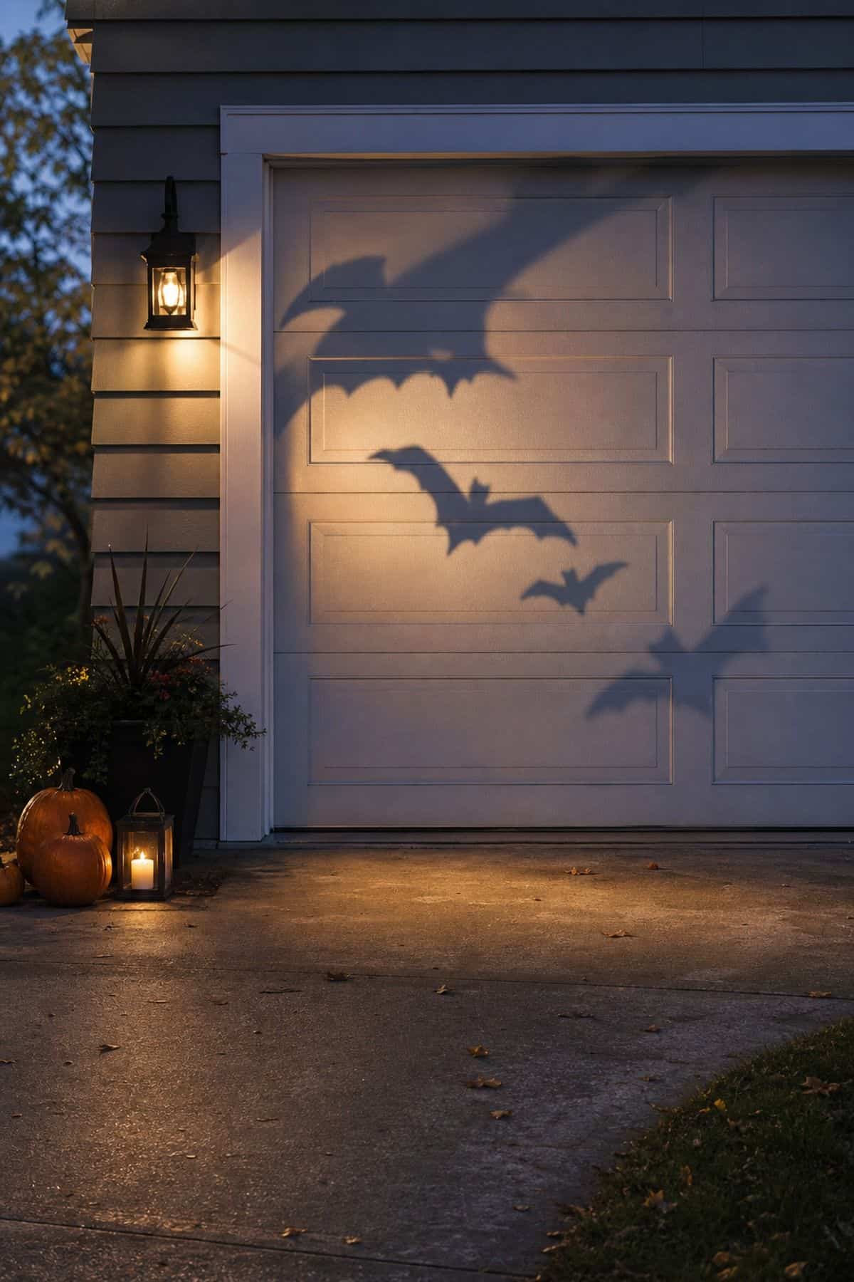 Garage Door Shadow Scene shown as a realistic Pretty Wild World image for 18 Outdoor Halloween Decor Ideas for a Spooky Weather-Ready Yard.