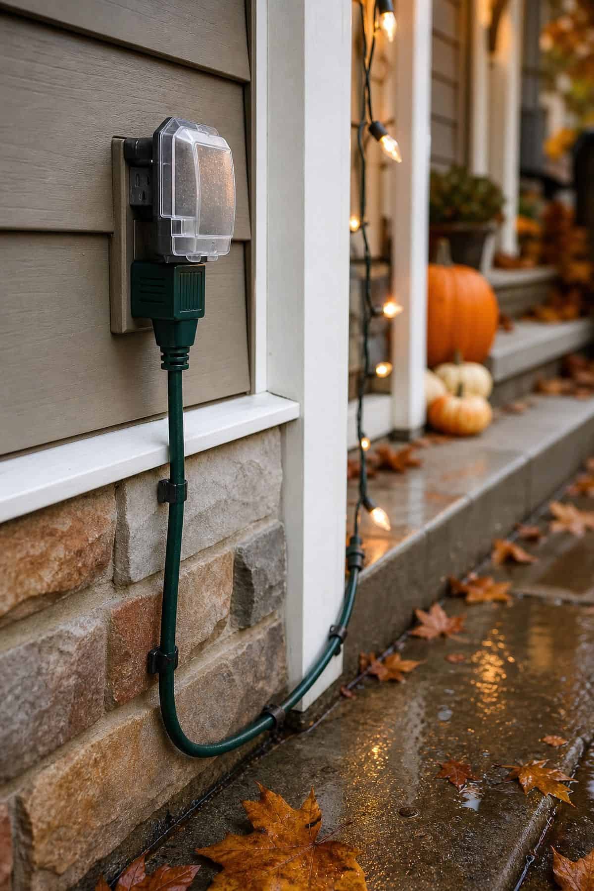 Power Cord Safety shown as a realistic Pretty Wild World image for 18 Outdoor Halloween Decor Ideas for a Spooky Weather-Ready Yard.