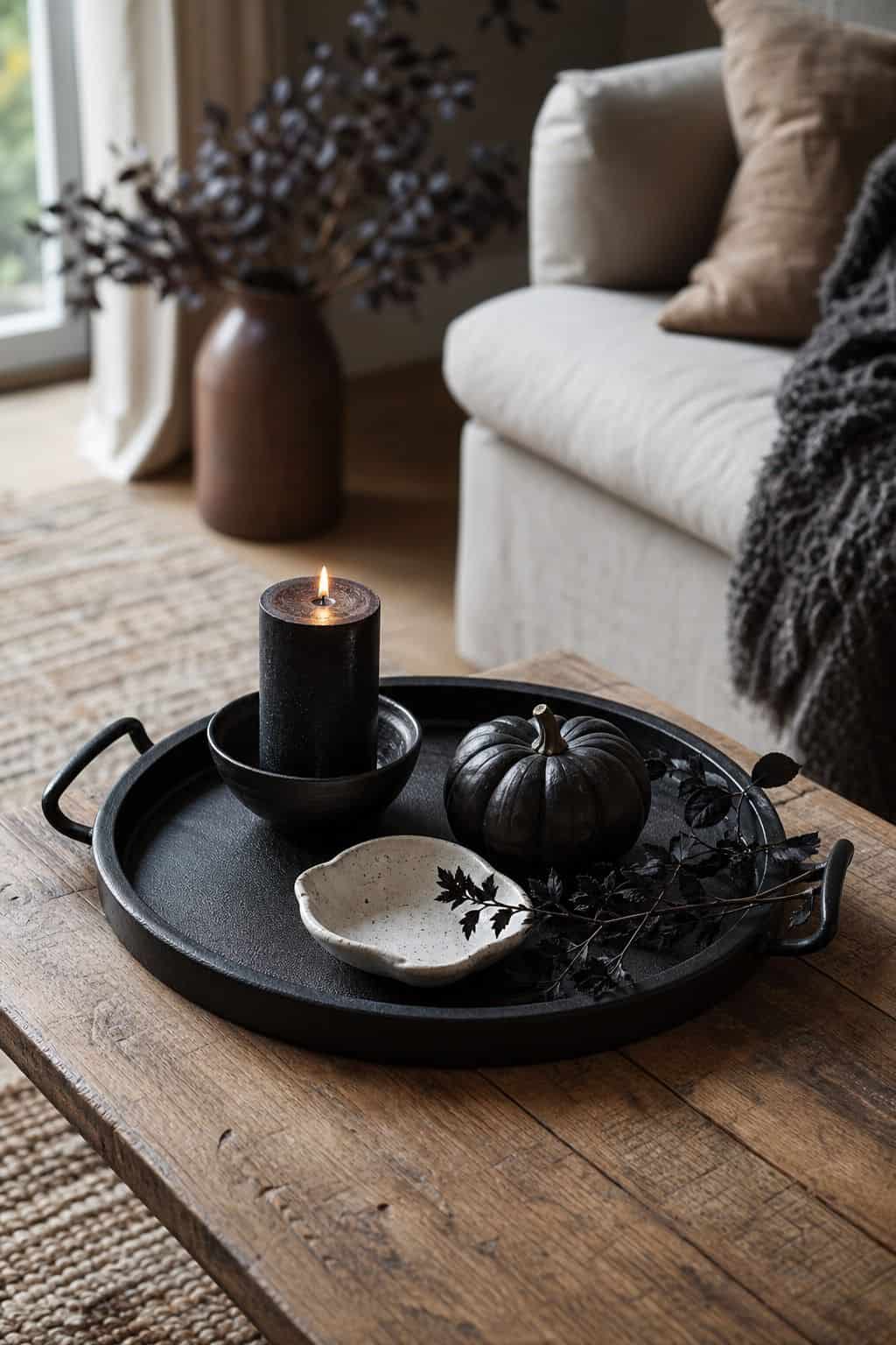 Tray on the Coffee Table shown as a realistic Pretty Wild World image for 15 Simple Halloween Decor Ideas That Look Stylish Fast.
