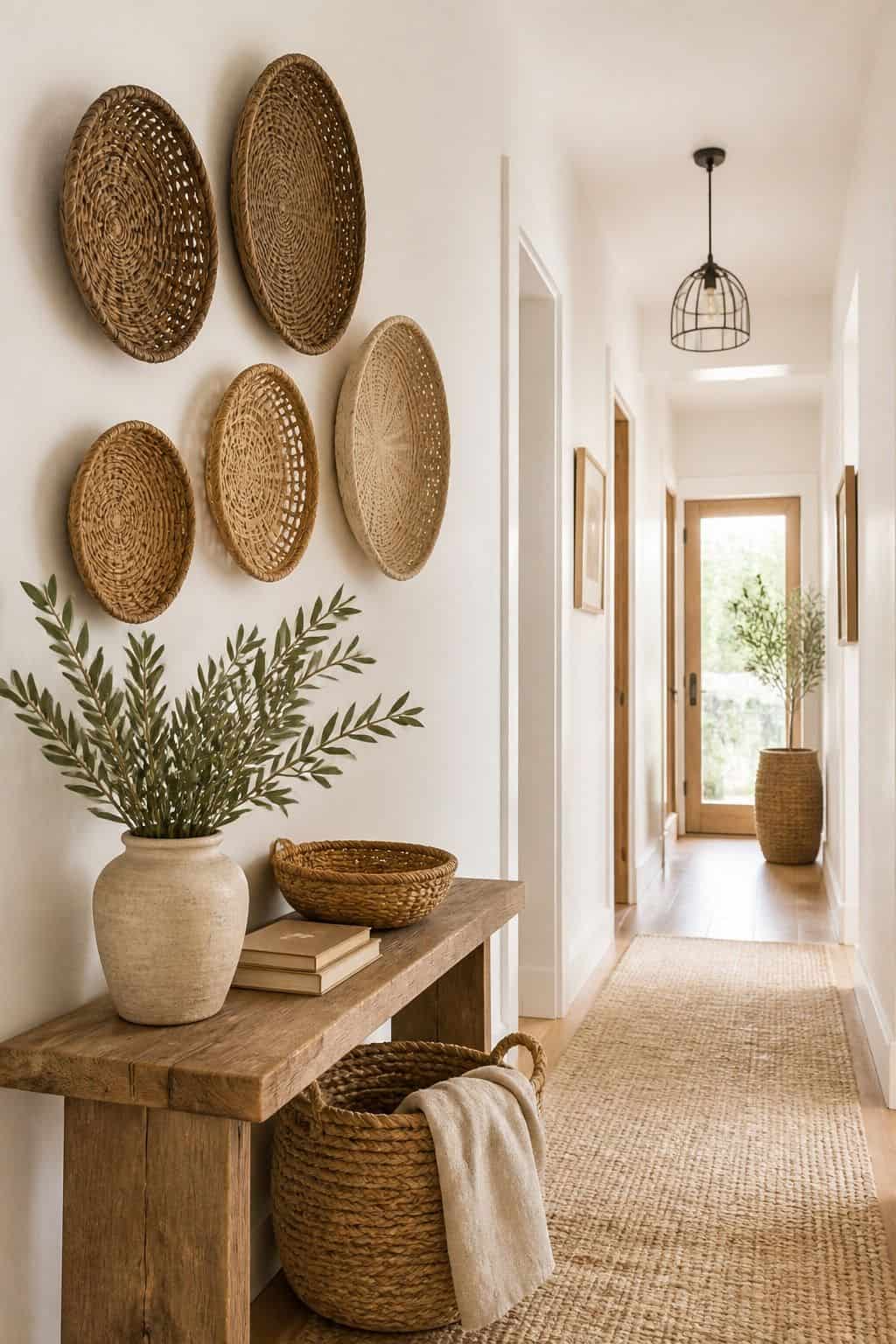 Woven Wall Basket shown as a realistic Pretty Wild World image for 15 Summer Hallway Decor Ideas for a Light Airy Passage.