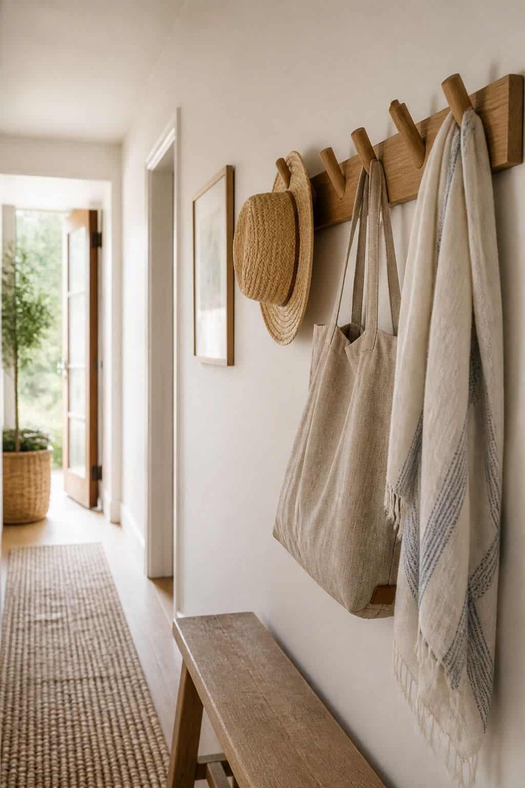 Wood Wall Hooks shown as a realistic Pretty Wild World image for 15 Summer Hallway Decor Ideas for a Light Airy Passage.