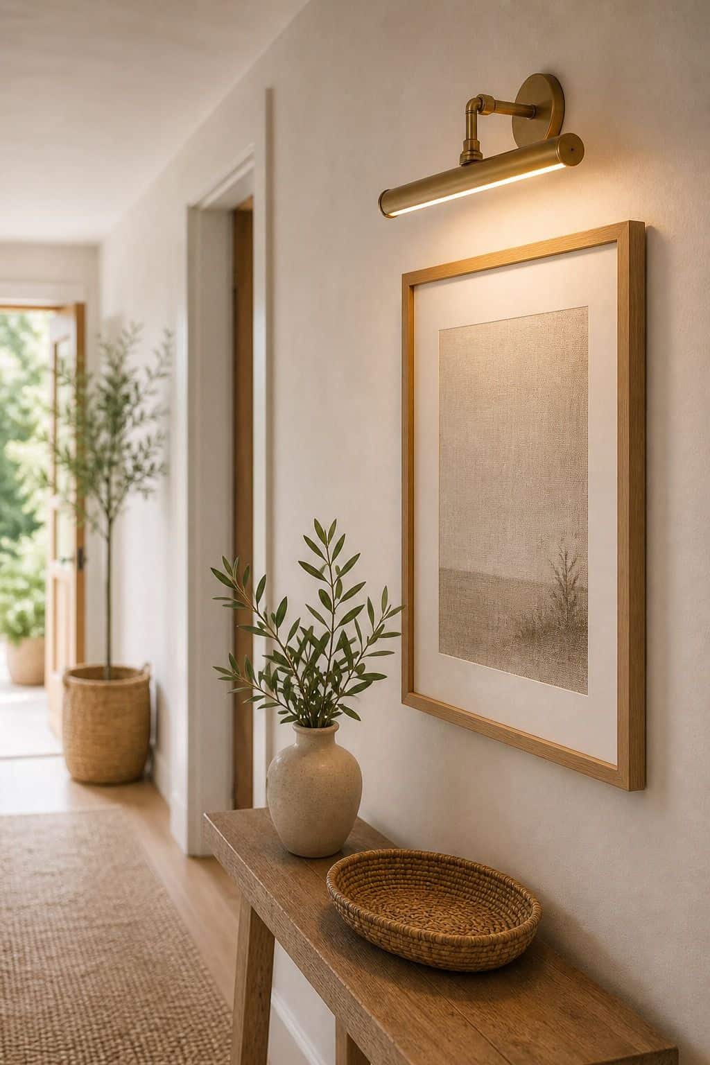 Warm Picture Light shown as a realistic Pretty Wild World image for 15 Summer Hallway Decor Ideas for a Light Airy Passage.