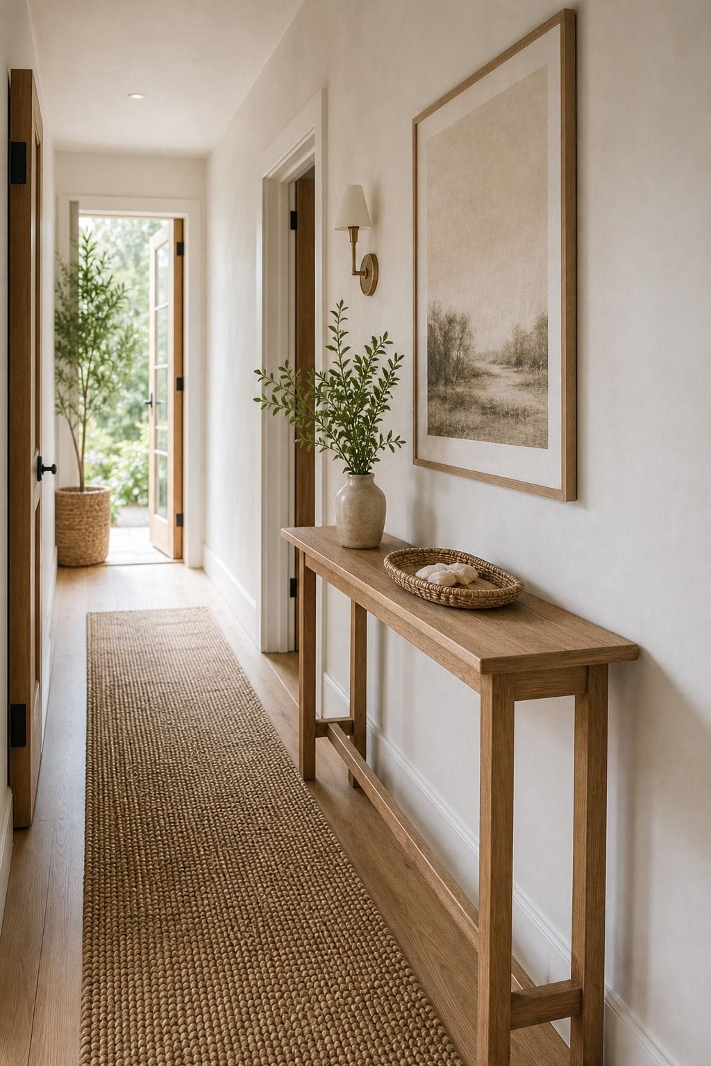 Narrow Console Table shown as a realistic Pretty Wild World image for 15 Summer Hallway Decor Ideas for a Light Airy Passage.