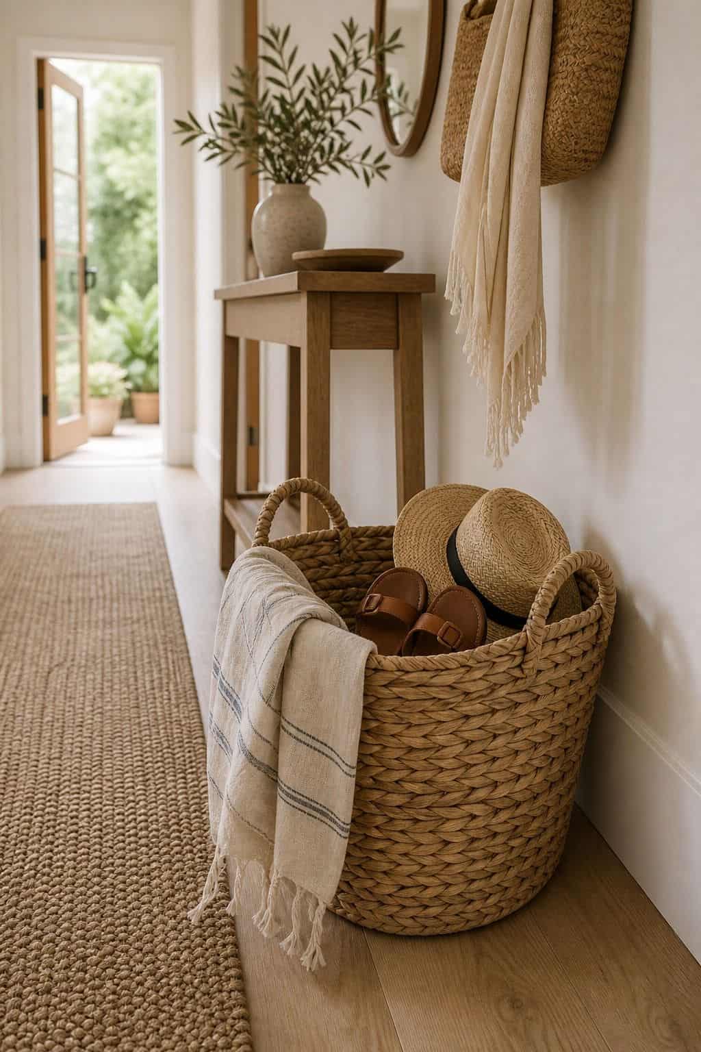 Basket for Extras shown as a realistic Pretty Wild World image for 15 Summer Hallway Decor Ideas for a Light Airy Passage.