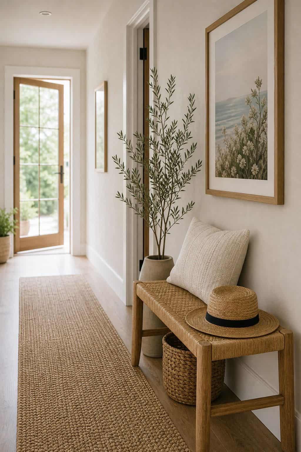 Small Bench Moment shown as a realistic Pretty Wild World image for 15 Summer Hallway Decor Ideas for a Light Airy Passage.