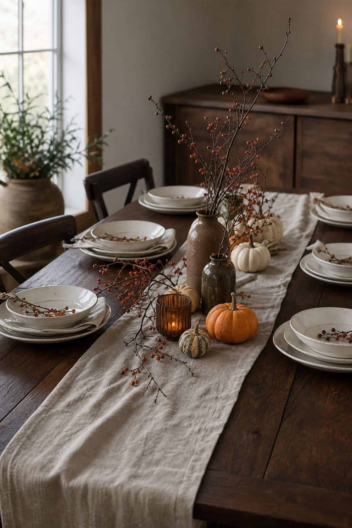 Linen Runner Down the Middle shown as a realistic Pretty Wild World image for 18 Thanksgiving Table Decor Ideas for a Beautiful Easy Feast.