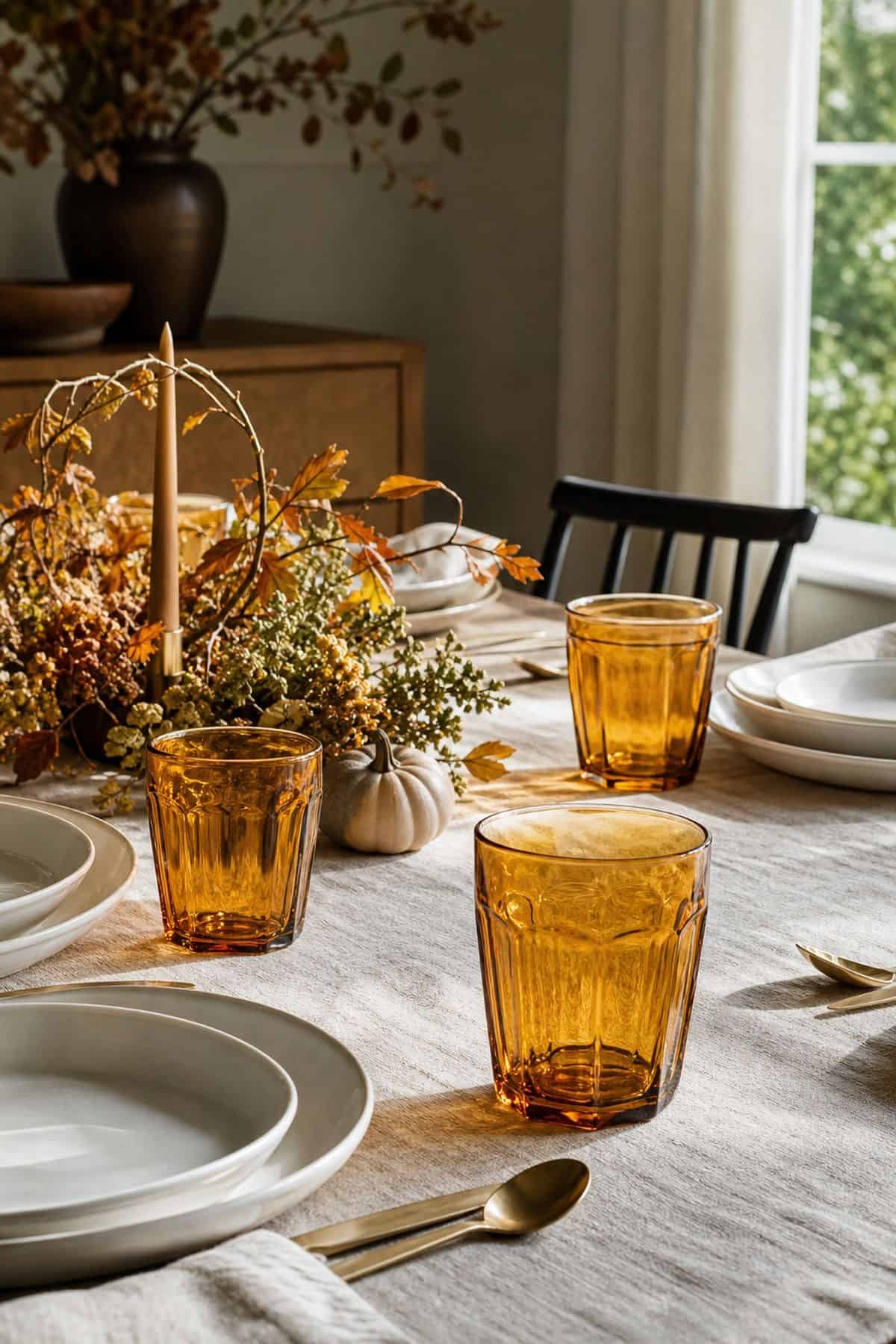 Amber Drinking Glasses shown as a realistic Pretty Wild World image for 18 Thanksgiving Table Decor Ideas for a Beautiful Easy Feast.