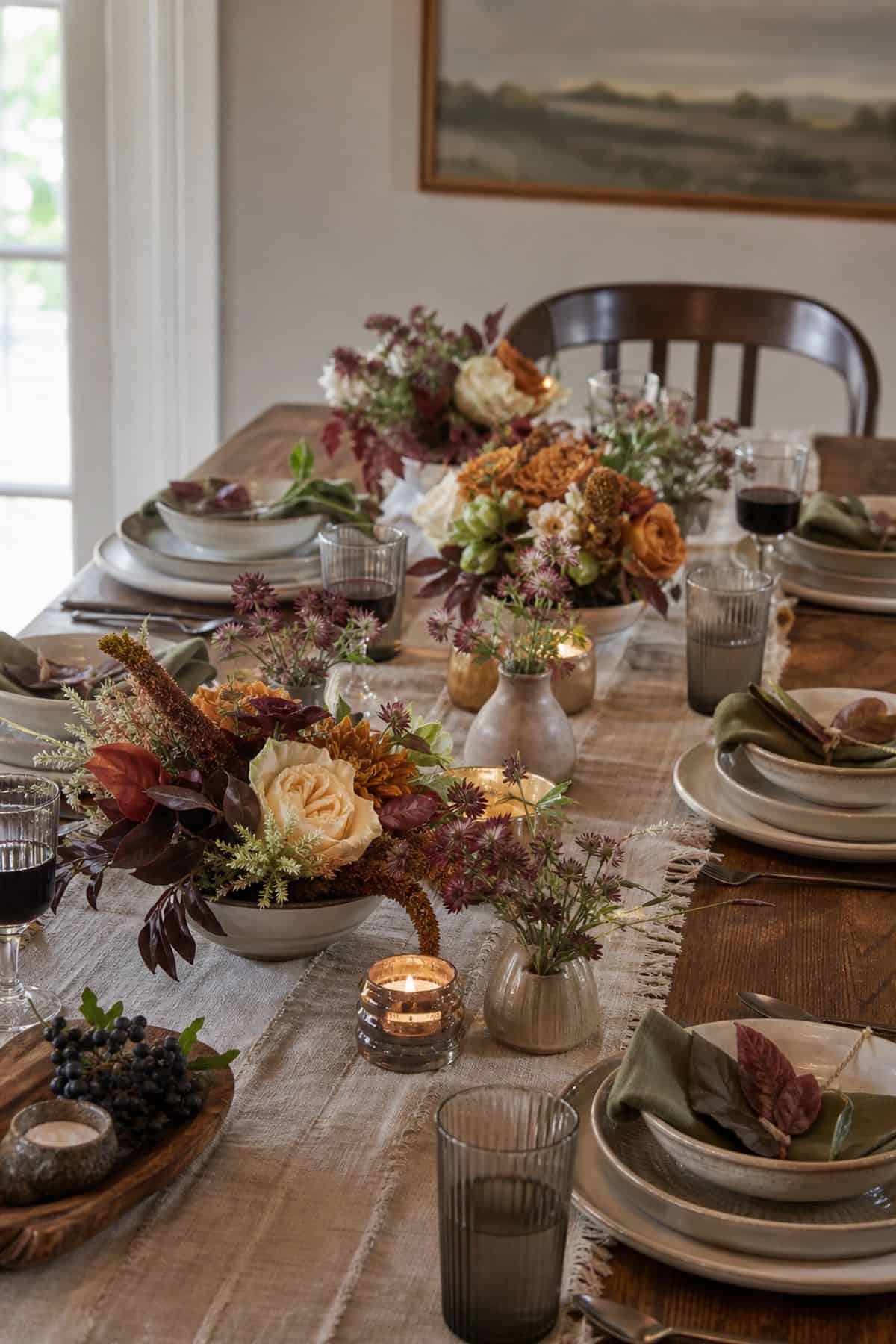Low Fall Florals shown as a realistic Pretty Wild World image for 18 Thanksgiving Table Decor Ideas for a Beautiful Easy Feast.