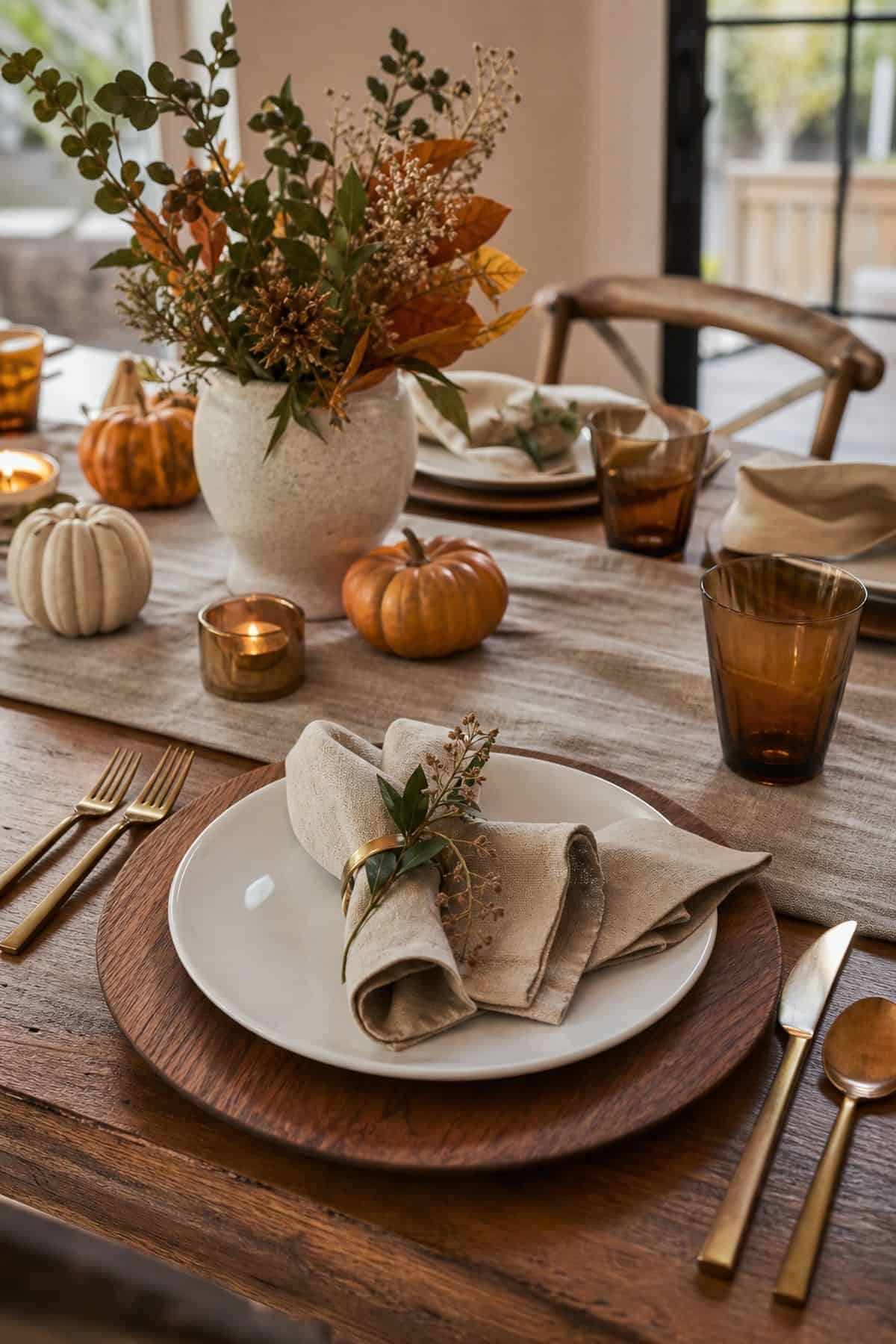 Wood Charger Plates shown as a realistic Pretty Wild World image for 18 Thanksgiving Table Decor Ideas for a Beautiful Easy Feast.