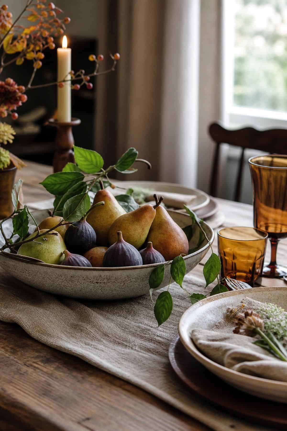 Pear and Fig Bowl shown as a realistic Pretty Wild World image for 18 Thanksgiving Table Decor Ideas for a Beautiful Easy Feast.
