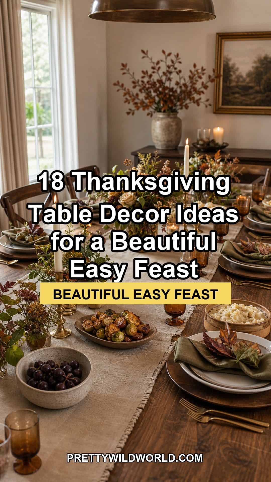 Pinterest pin for 18 Thanksgiving Table Decor Ideas for a Beautiful Easy Feast from Pretty Wild World.