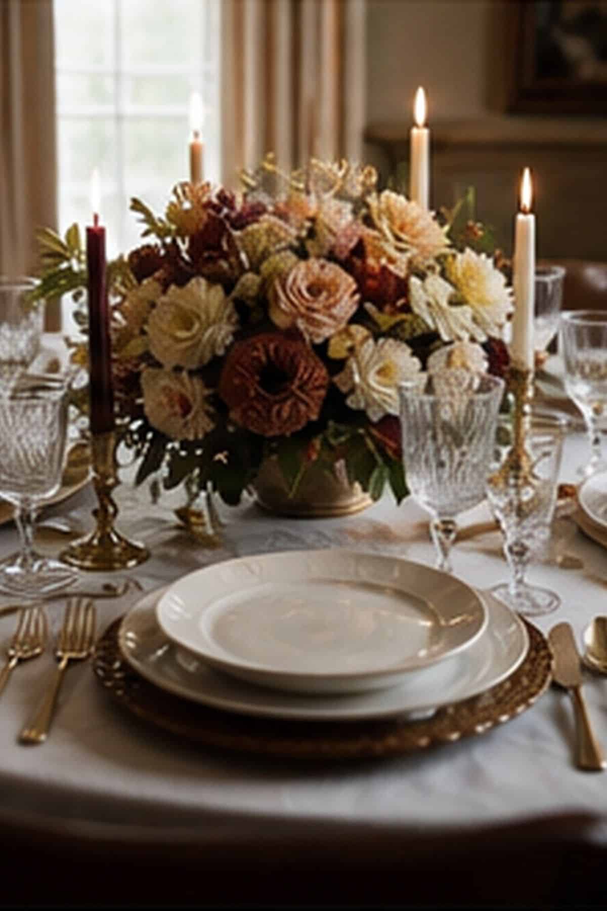 More Formal Setting shown as a realistic Pretty Wild World image for 18 Thanksgiving Table Setting Ideas That Feel Warm and Effortless.