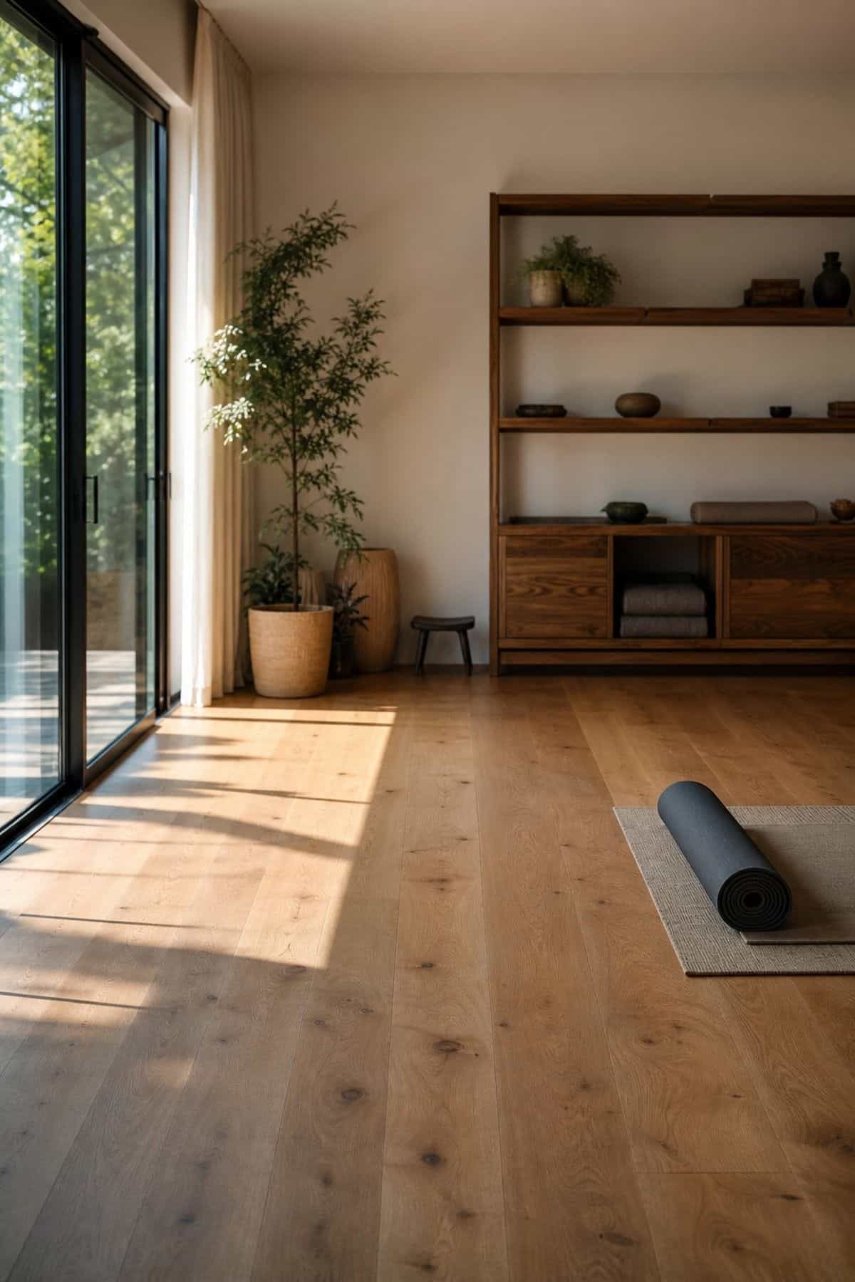 Clear Practice Floor shown as a realistic Pretty Wild World image for 16 Zen Yoga Room Home Decor Ideas for a Quiet Practice Space.