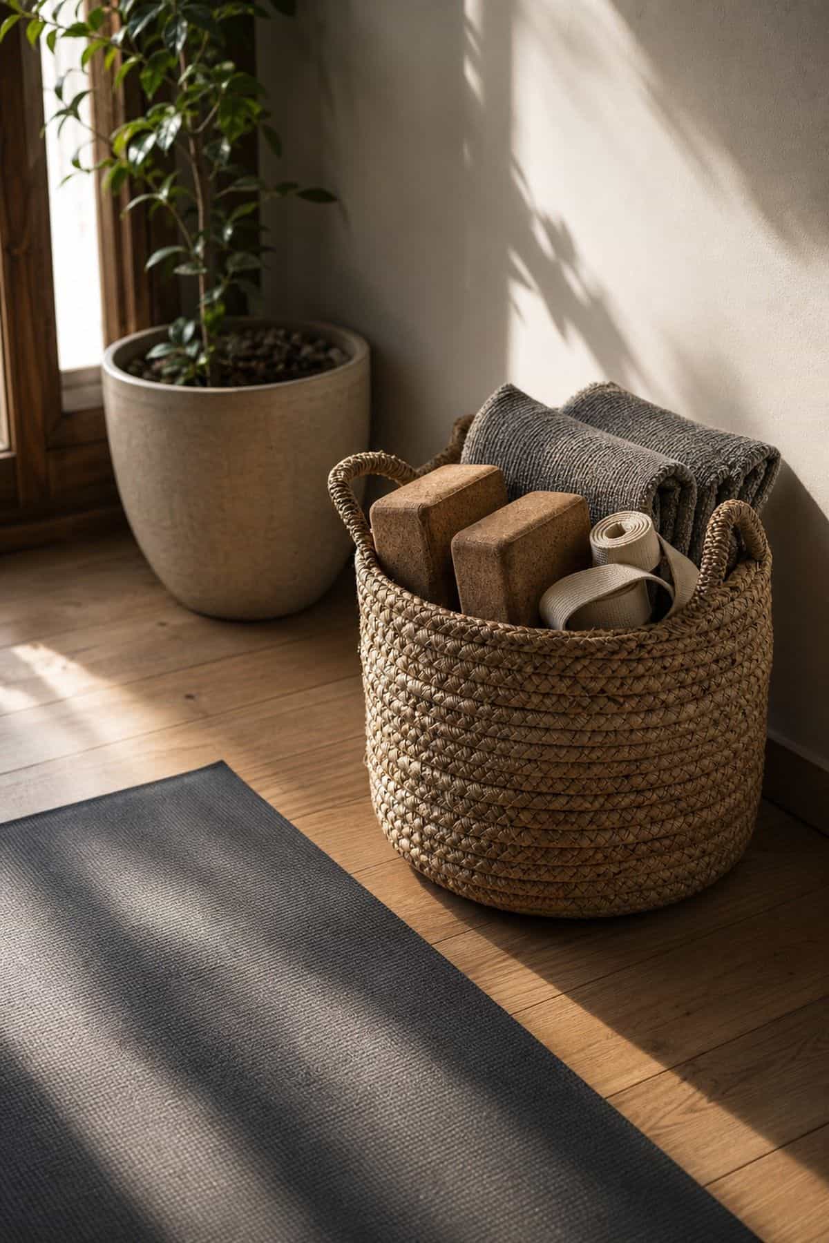 Basket for Props shown as a realistic Pretty Wild World image for 16 Zen Yoga Room Home Decor Ideas for a Quiet Practice Space.