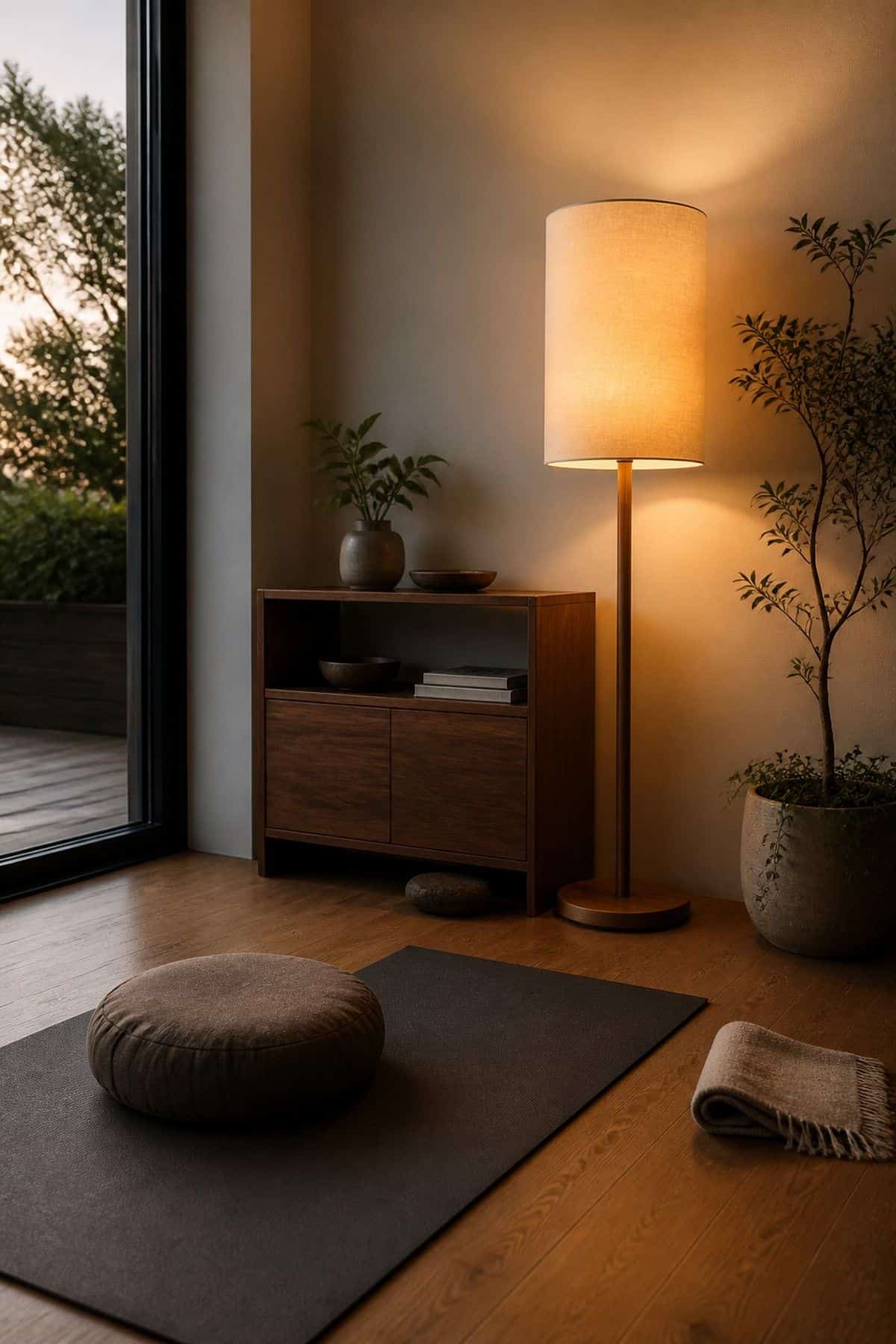 Dimmable Floor Lamp shown as a realistic Pretty Wild World image for 16 Zen Yoga Room Home Decor Ideas for a Quiet Practice Space.