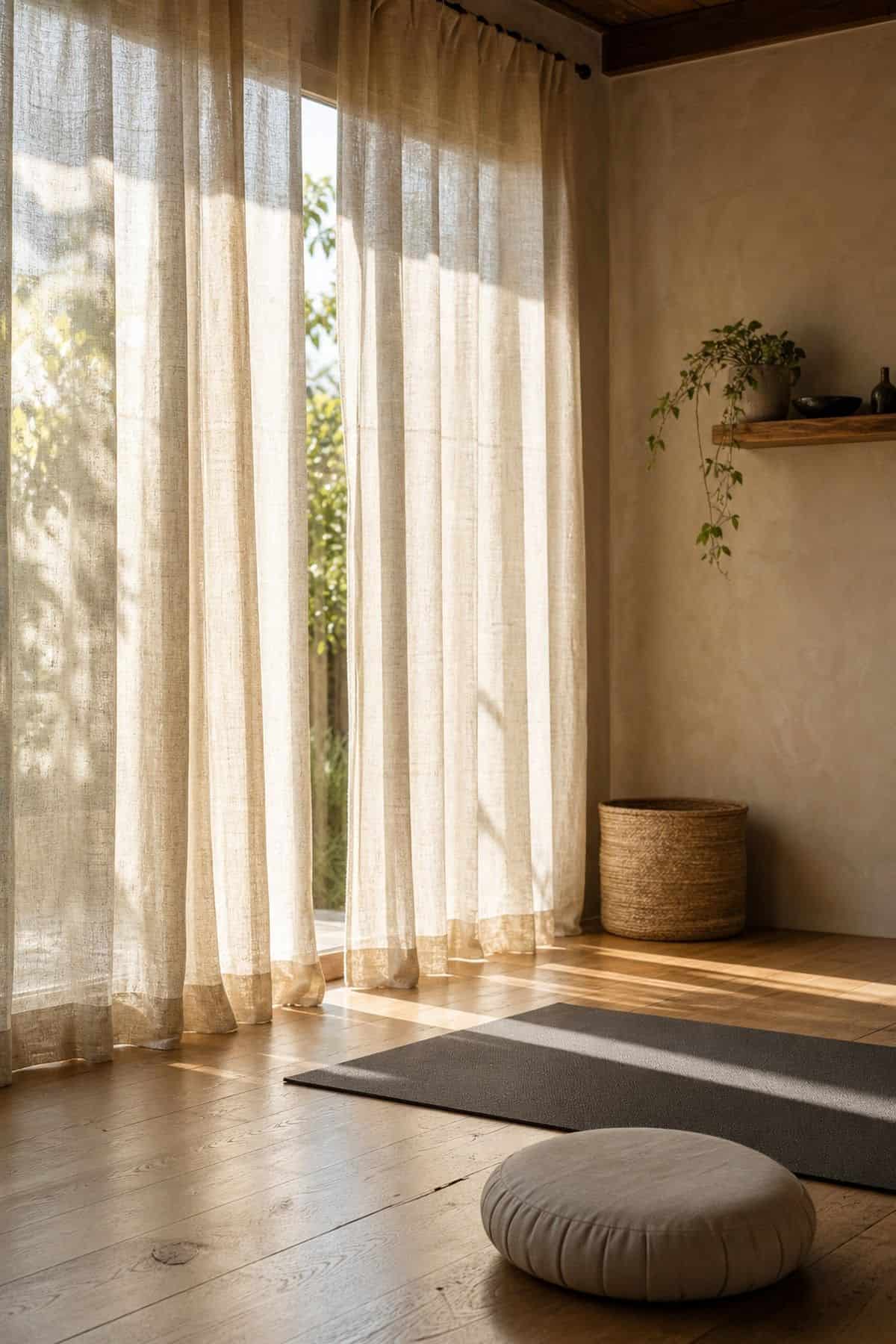 Linen Curtains shown as a realistic Pretty Wild World image for 16 Zen Yoga Room Home Decor Ideas for a Quiet Practice Space.