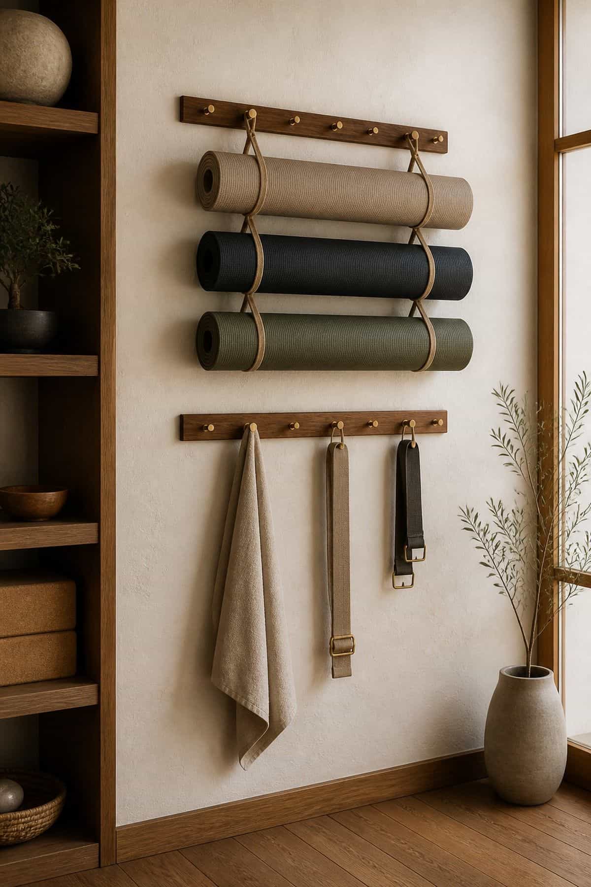 Wall Hooks for Mats shown as a realistic Pretty Wild World image for 16 Zen Yoga Room Home Decor Ideas for a Quiet Practice Space.