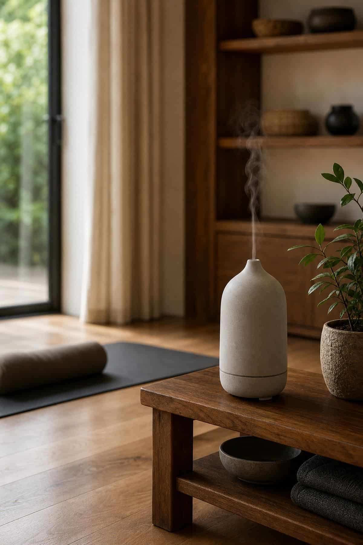 Ceramic Diffuser shown as a realistic Pretty Wild World image for 16 Zen Yoga Room Home Decor Ideas for a Quiet Practice Space.