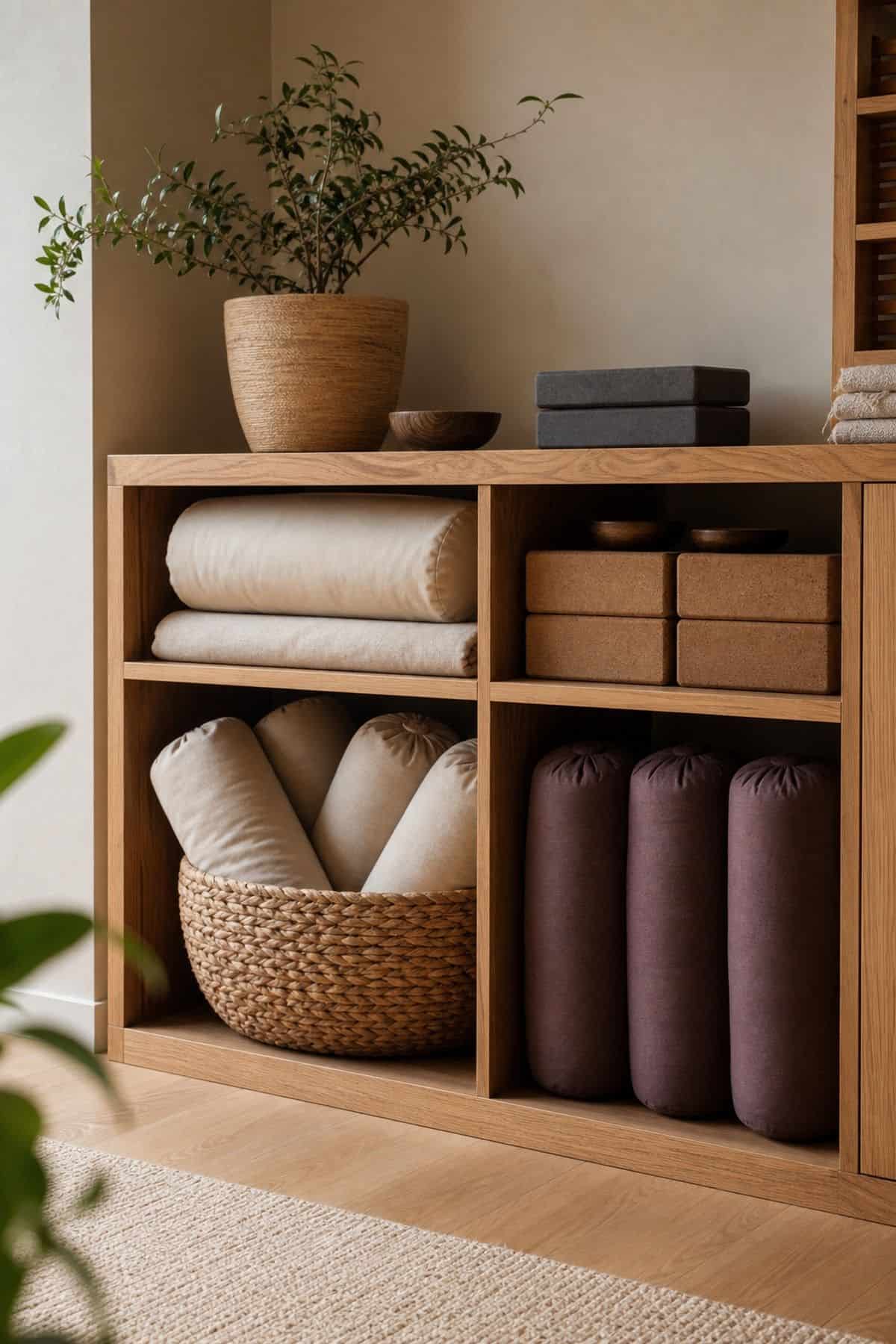 Cotton Bolster Storage shown as a realistic Pretty Wild World image for 16 Zen Yoga Room Home Decor Ideas for a Quiet Practice Space.
