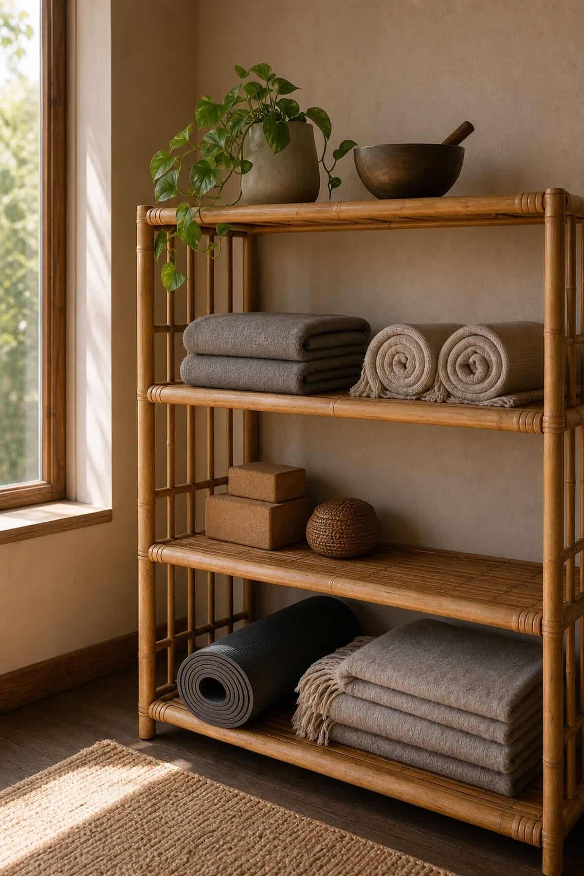 Bamboo Shelf shown as a realistic Pretty Wild World image for 16 Zen Yoga Room Home Decor Ideas for a Quiet Practice Space.
