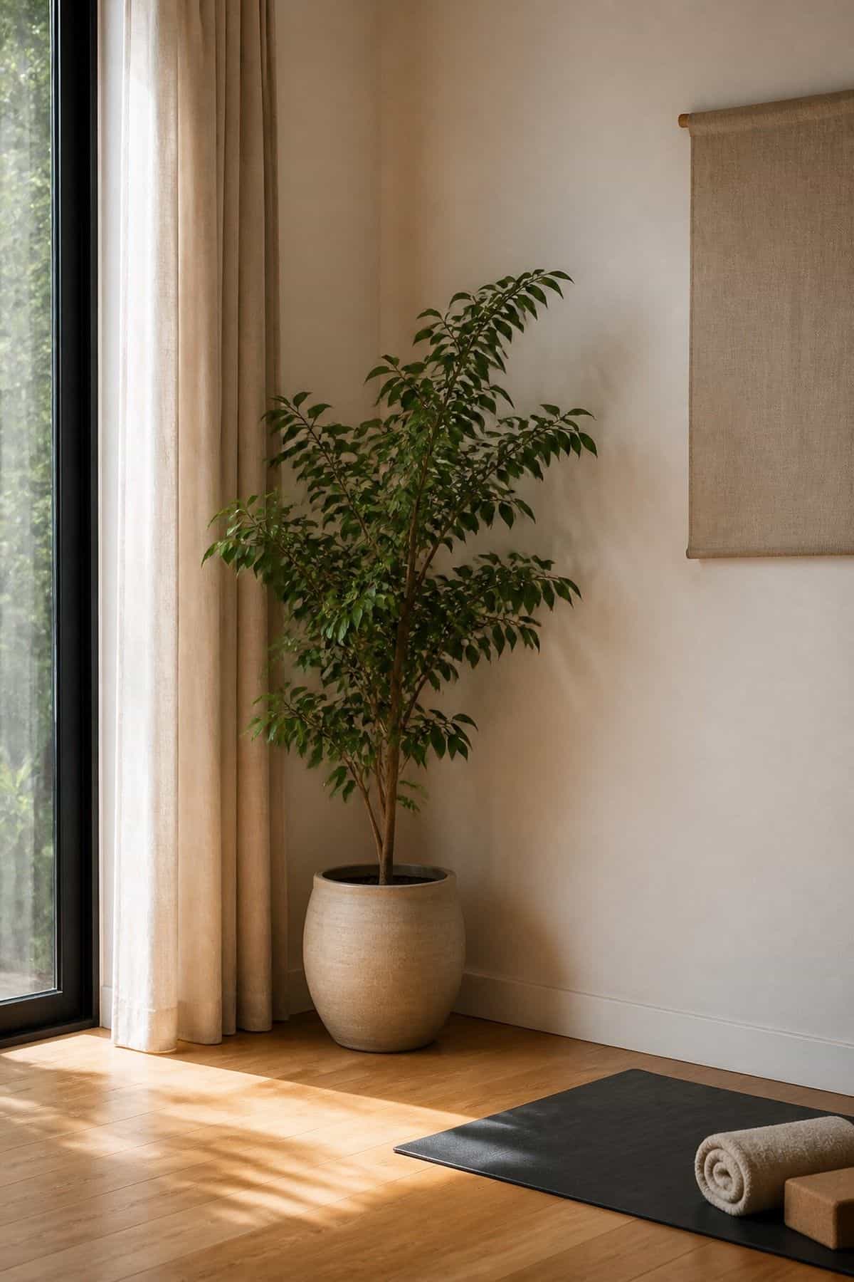 Plant in the Corner shown as a realistic Pretty Wild World image for 16 Zen Yoga Room Home Decor Ideas for a Quiet Practice Space.