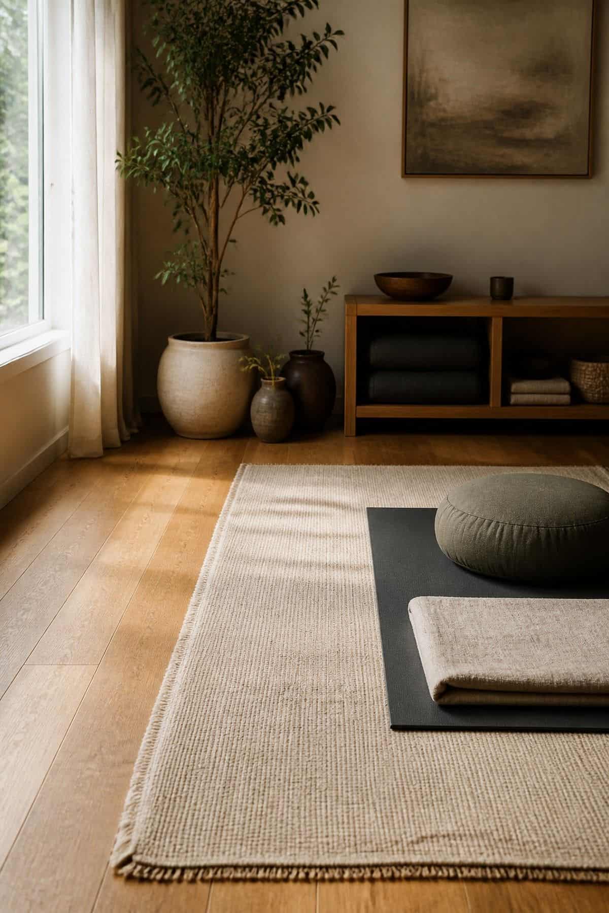 Soft Rug Boundary shown as a realistic Pretty Wild World image for 16 Zen Yoga Room Home Decor Ideas for a Quiet Practice Space.