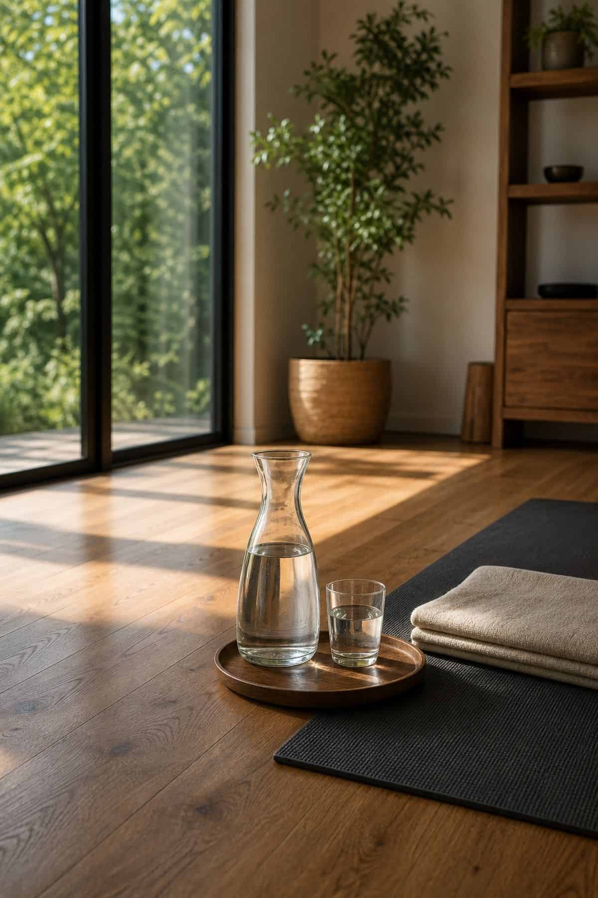 Water Carafe Nearby shown as a realistic Pretty Wild World image for 16 Zen Yoga Room Home Decor Ideas for a Quiet Practice Space.