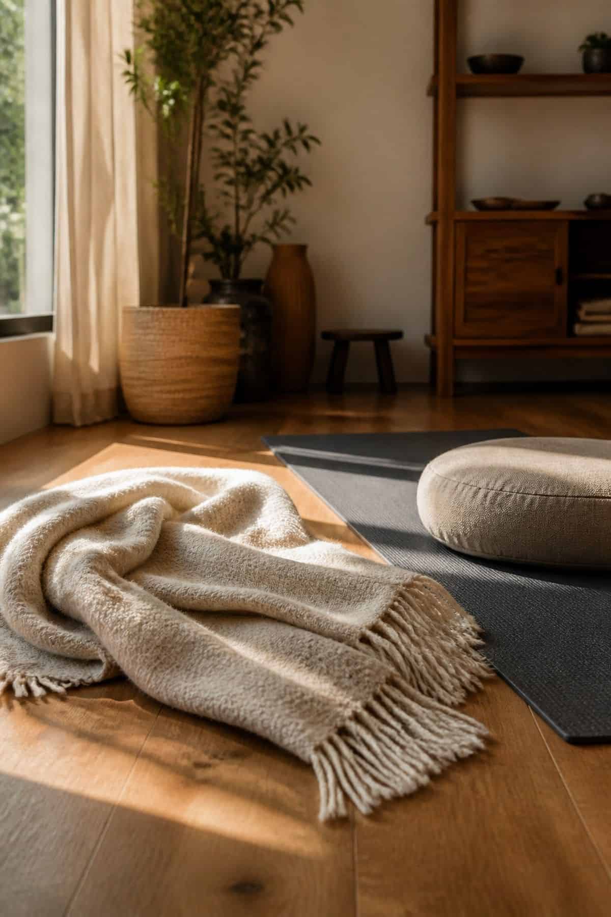 Post-Practice Blanket shown as a realistic Pretty Wild World image for 16 Zen Yoga Room Home Decor Ideas for a Quiet Practice Space.