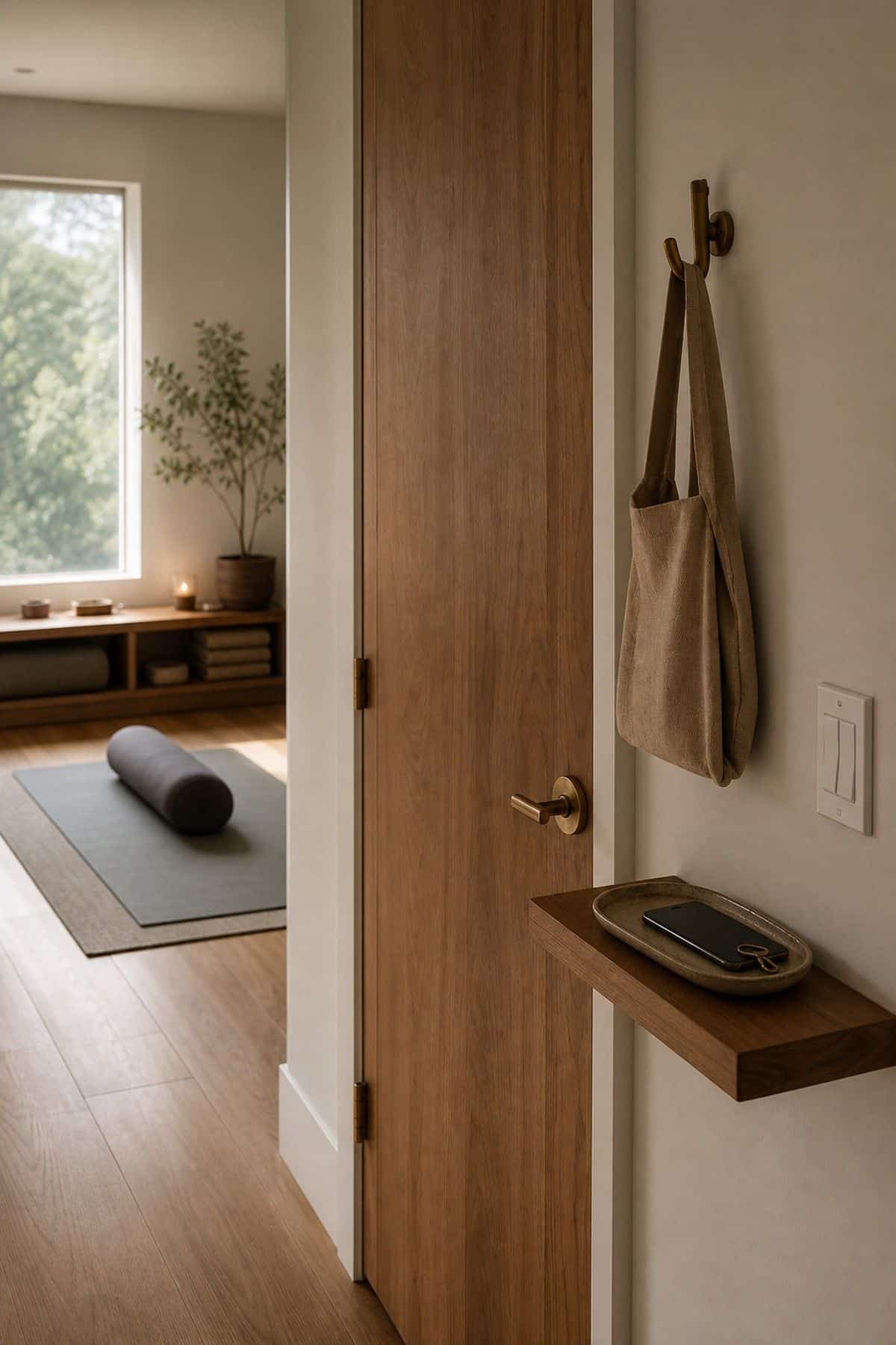 A Door-Closing Ritual shown as a realistic Pretty Wild World image for 16 Zen Yoga Room Home Decor Ideas for a Quiet Practice Space.