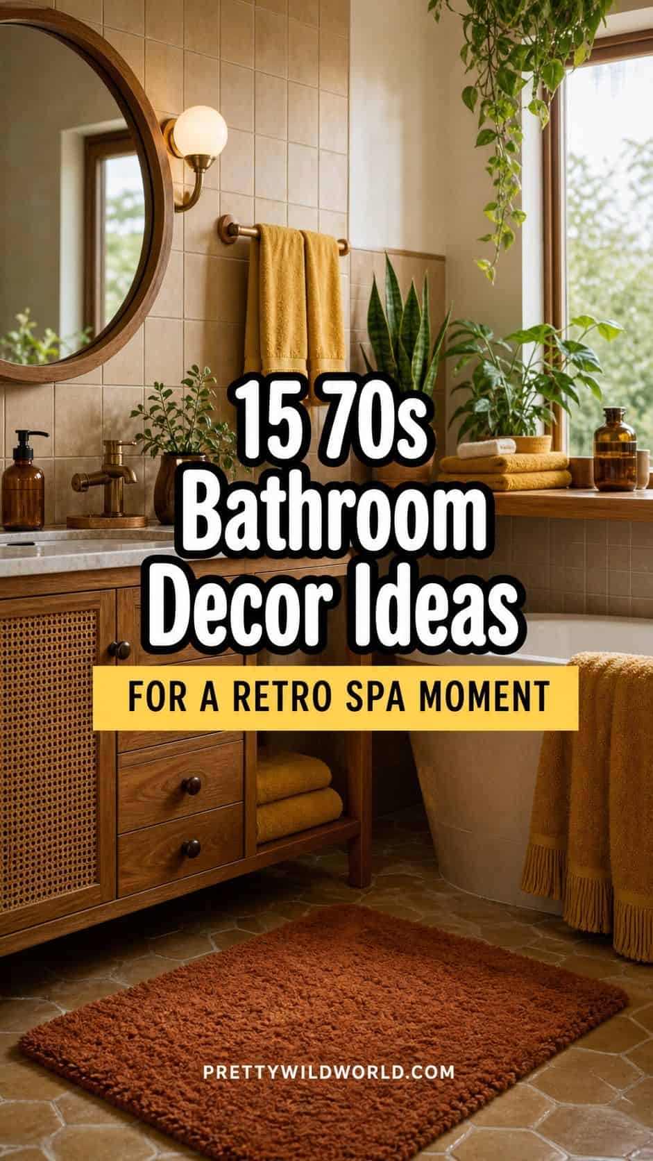 Pinterest pin for 15 70s Bathroom Decor Ideas for a Retro Spa Moment from Pretty Wild World.